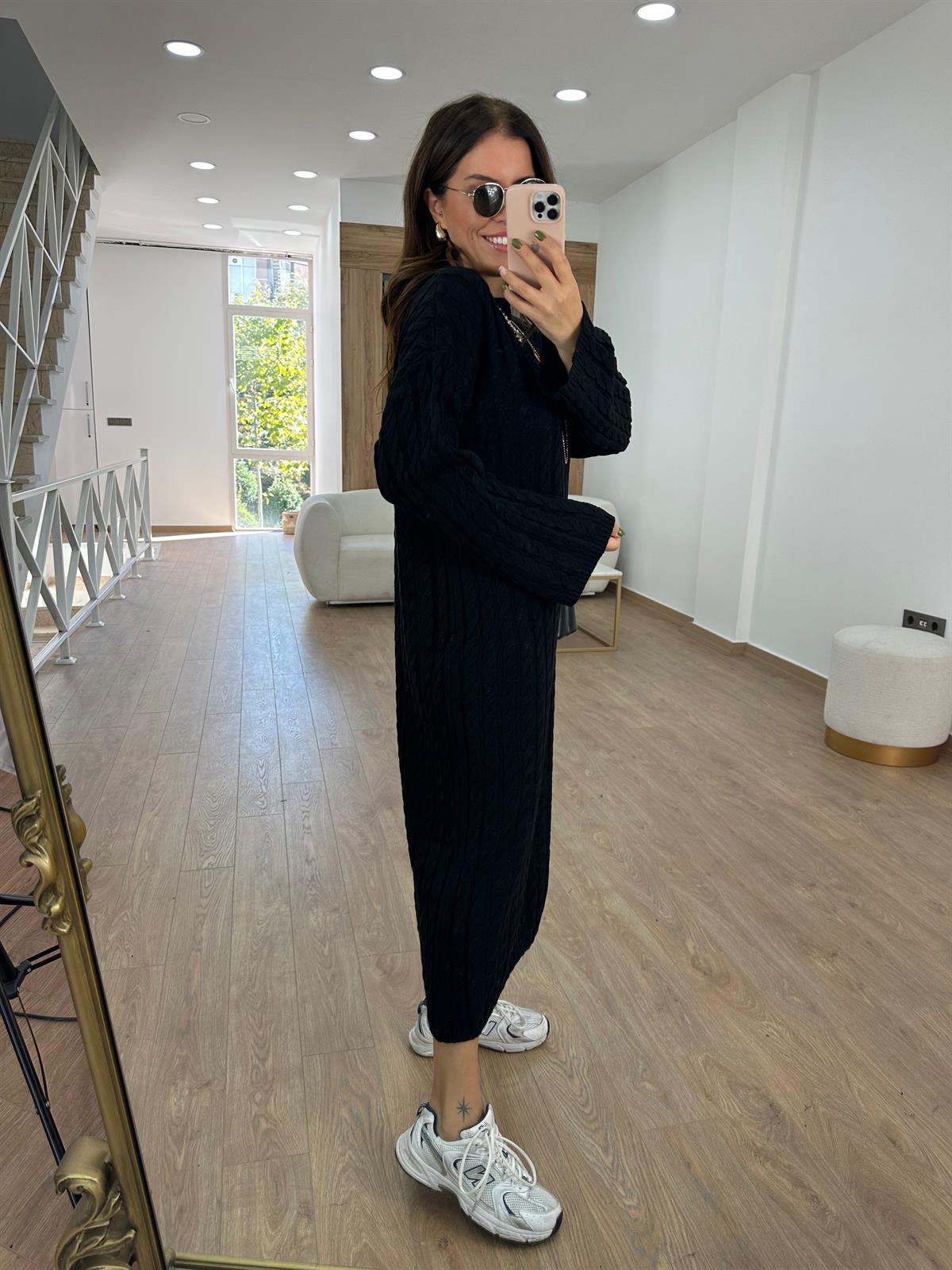 Saç Örgülü Premium Kalite Uzun Triko Elbise-Siyah