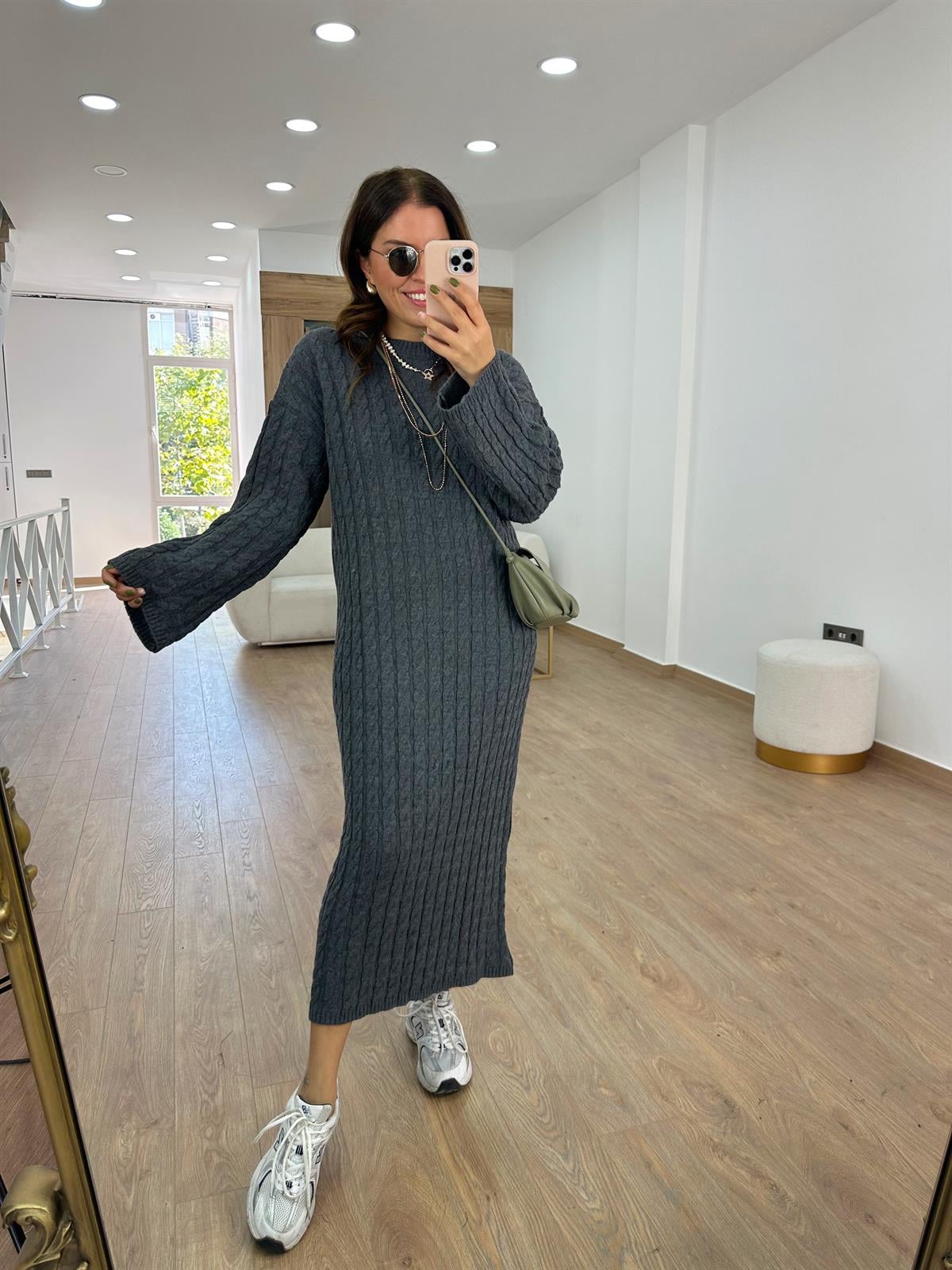 Saç Örgülü Premium Kalite Uzun Triko Elbise-Gri