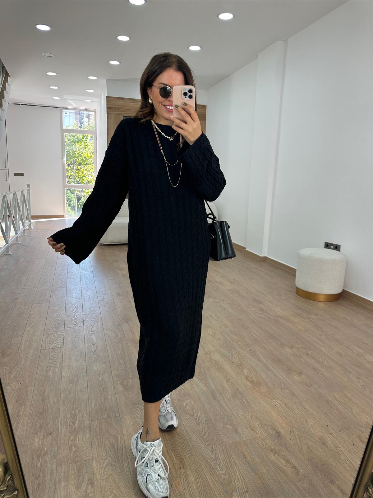 Saç Örgülü Premium Kalite Uzun Triko Elbise-Siyah