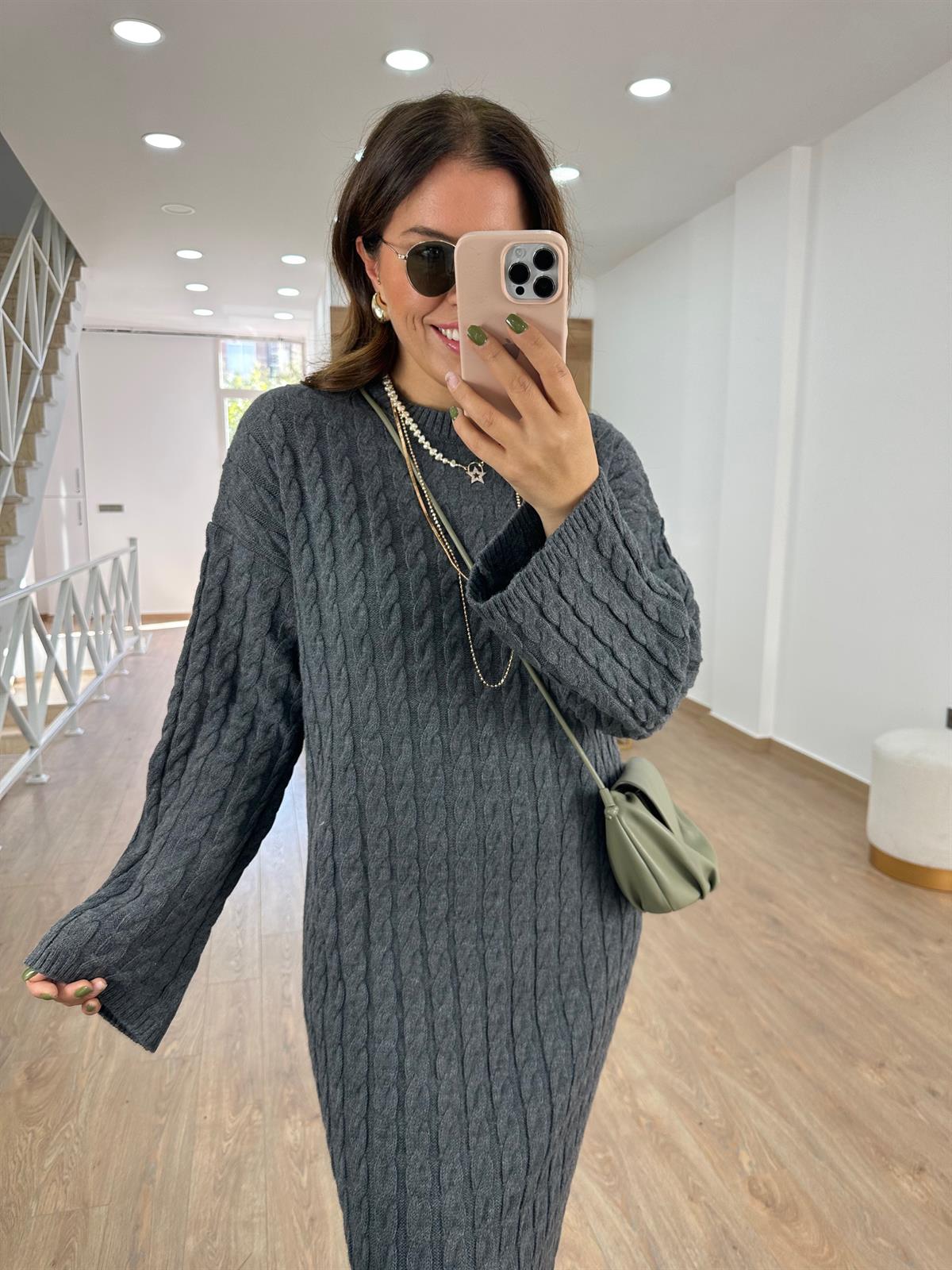 Saç Örgülü Premium Kalite Uzun Triko Elbise-Gri