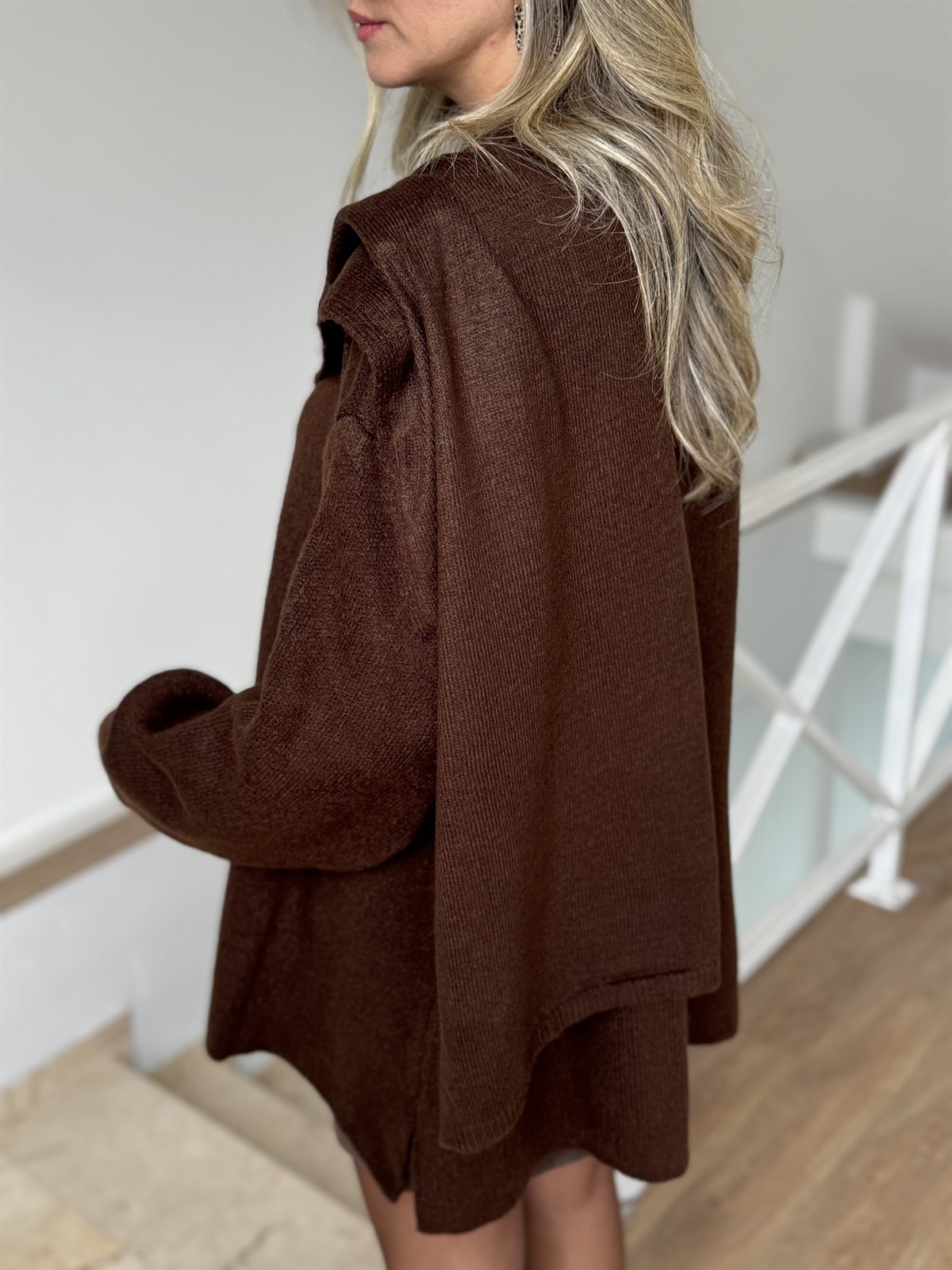 Şal Detaylı Tasarım Triko Kazak - Kahverengi