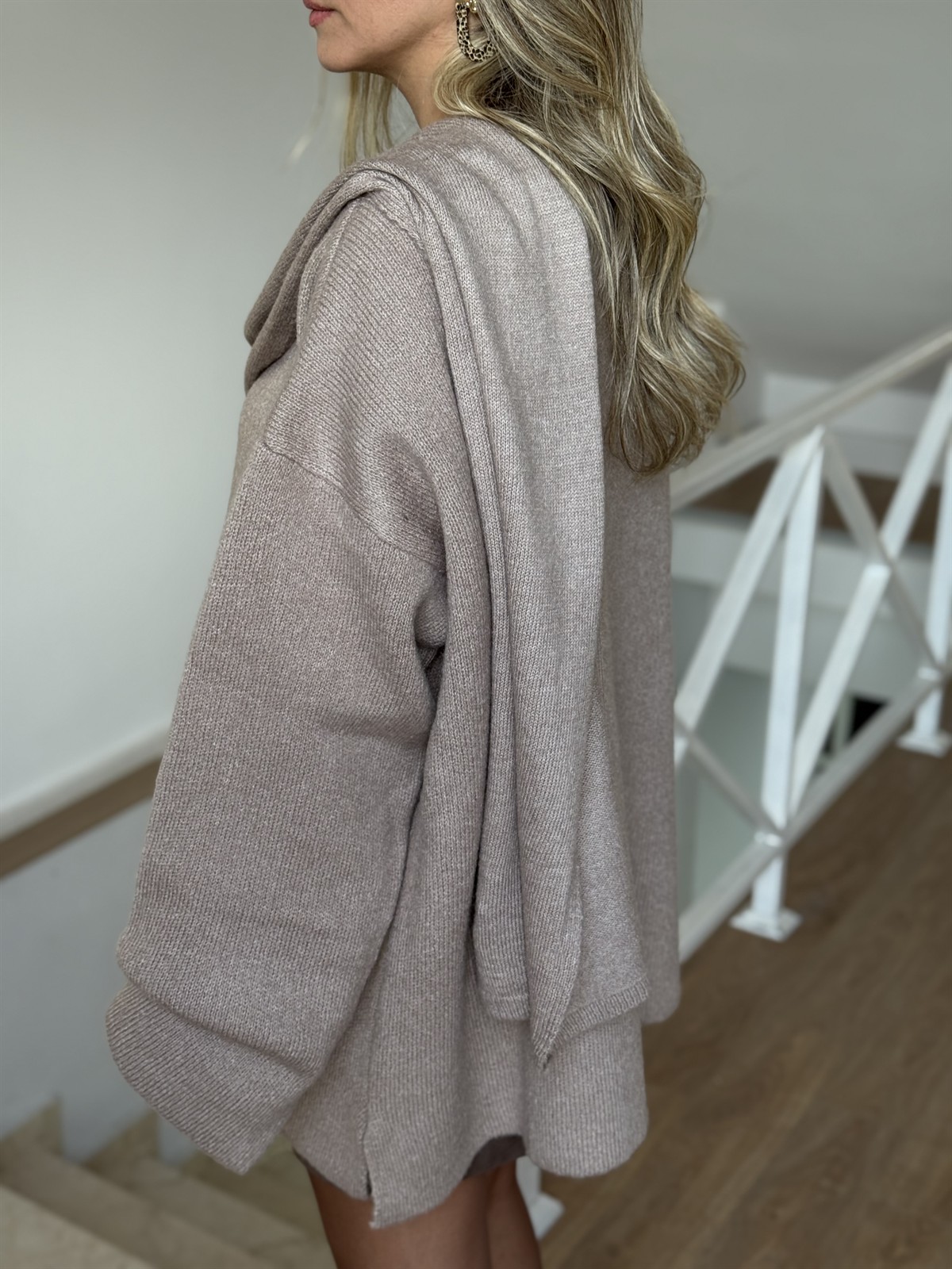 Şal Detaylı Tasarım Triko Kazak - Vizon