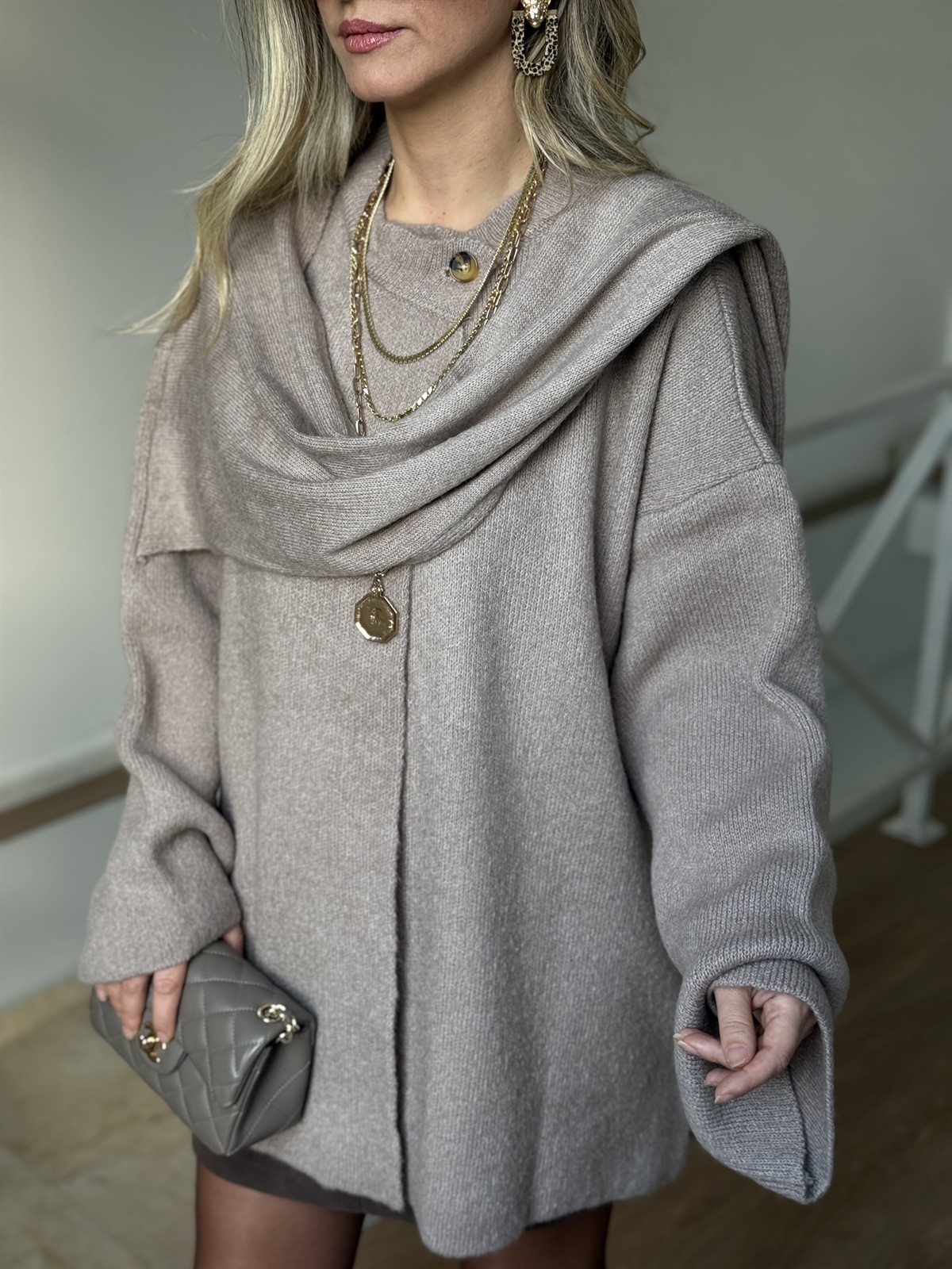 Şal Detaylı Tasarım Triko Kazak - Vizon