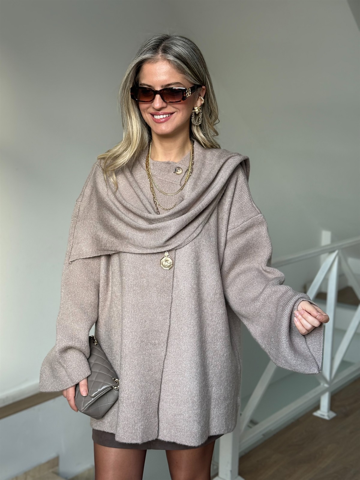 Şal Detaylı Tasarım Triko Kazak - Vizon