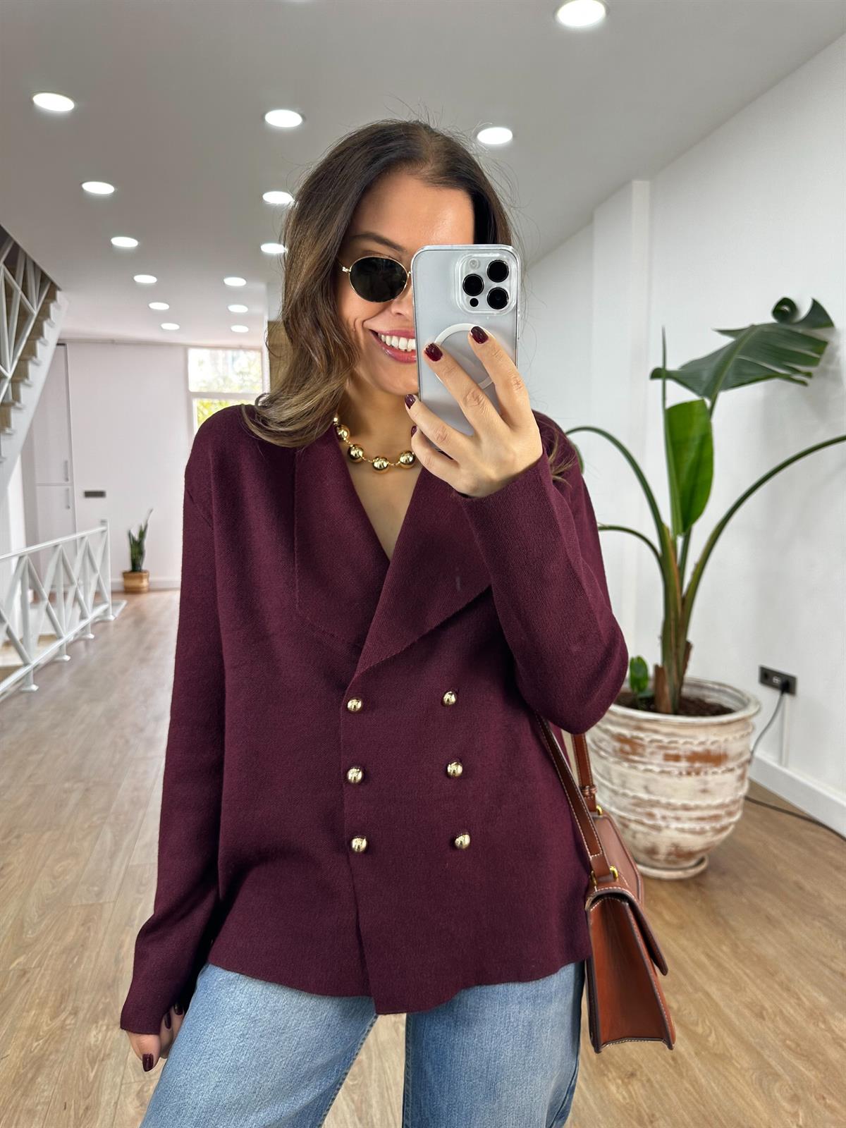 Şal Yaka Gold Düğmeli Triko Ceket - Bordo
