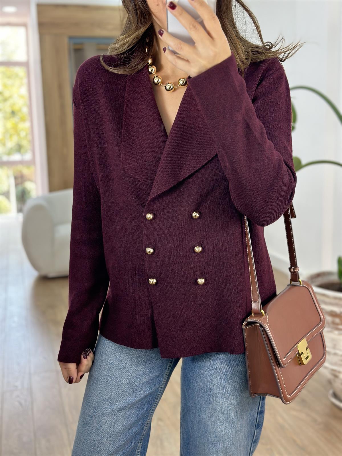 Şal Yaka Gold Düğmeli Triko Ceket - Bordo