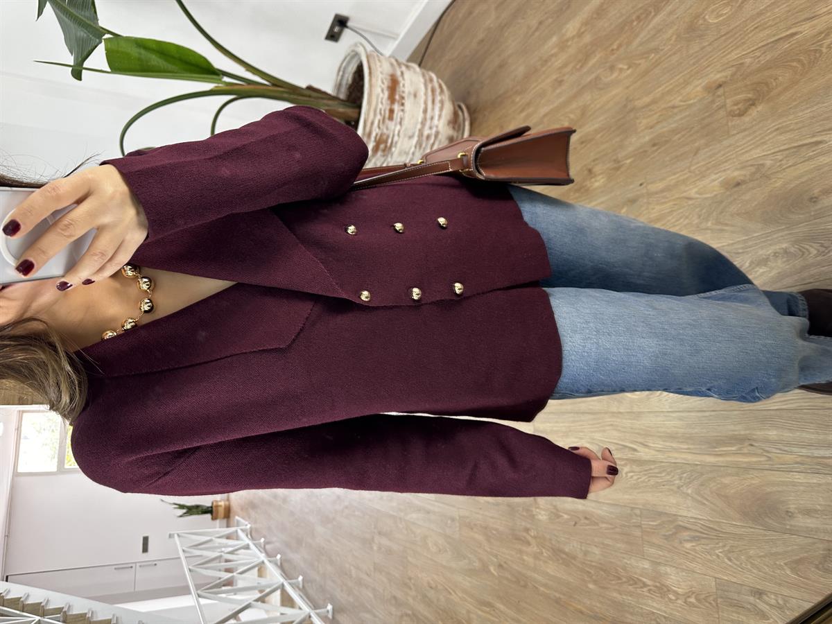 Şal Yaka Gold Düğmeli Triko Ceket - Bordo