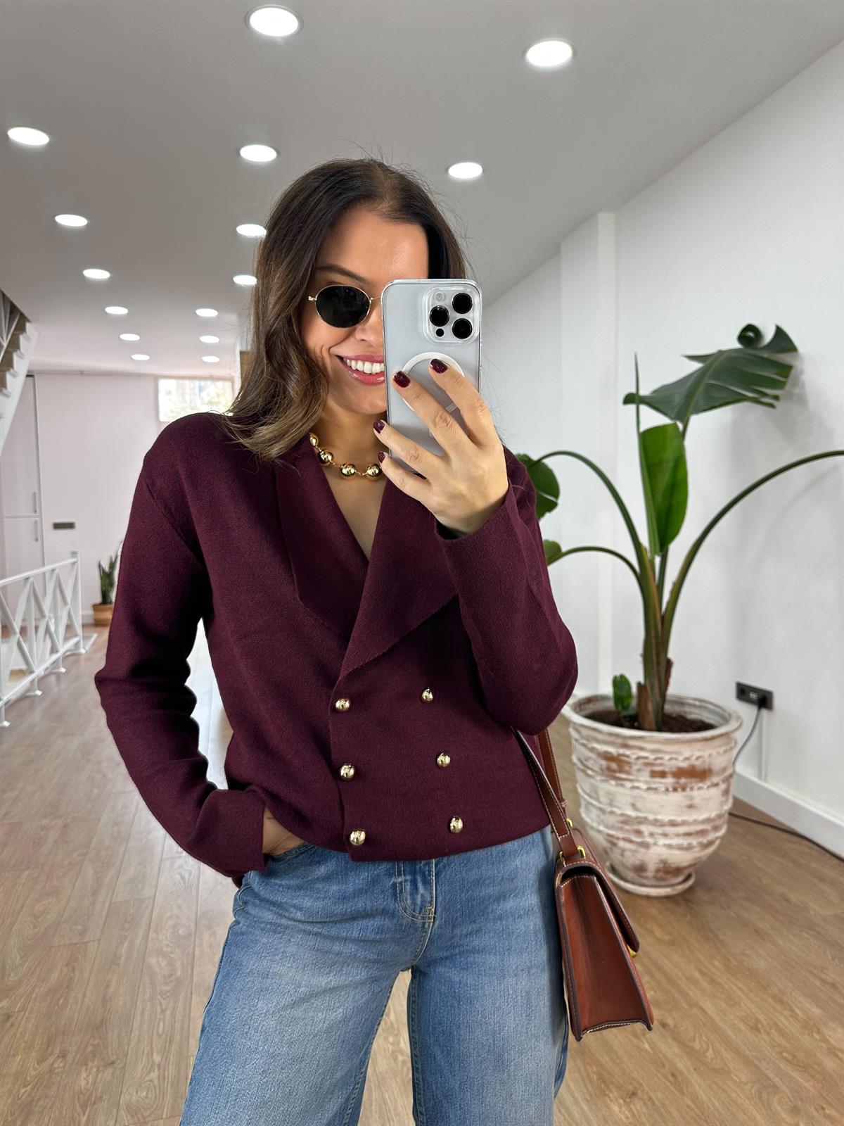 Şal Yaka Gold Düğmeli Triko Ceket - Bordo