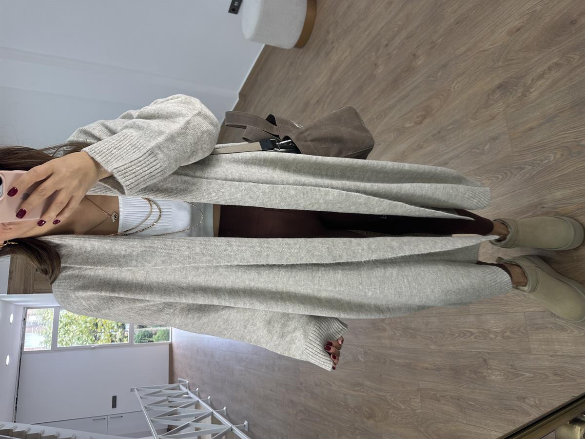 Şal Yaka Uzun Triko Hırka-Bej