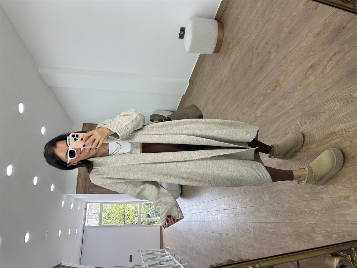 Şal Yaka Uzun Triko Hırka-Bej