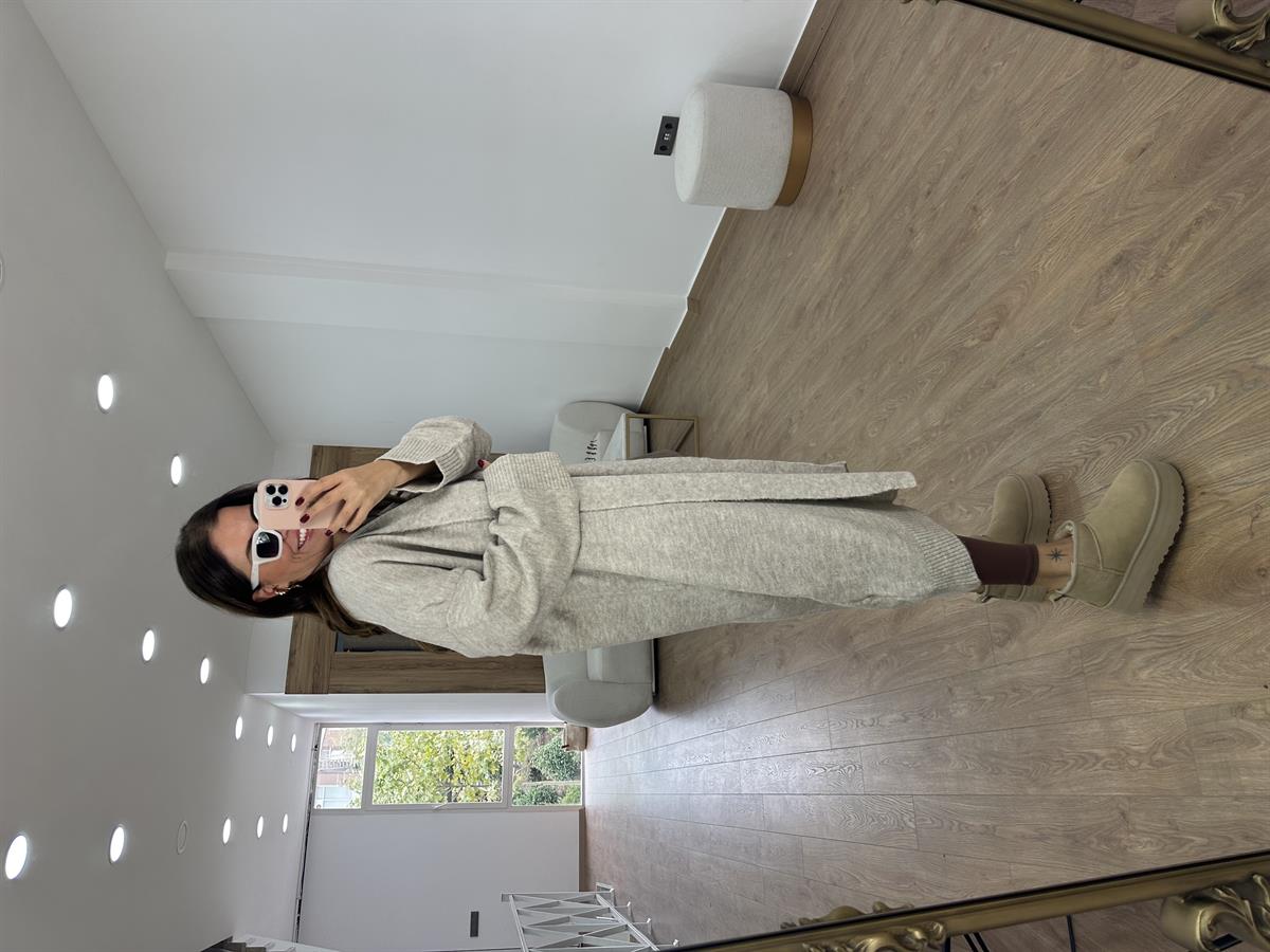 Şal Yaka Uzun Triko Hırka-Bej