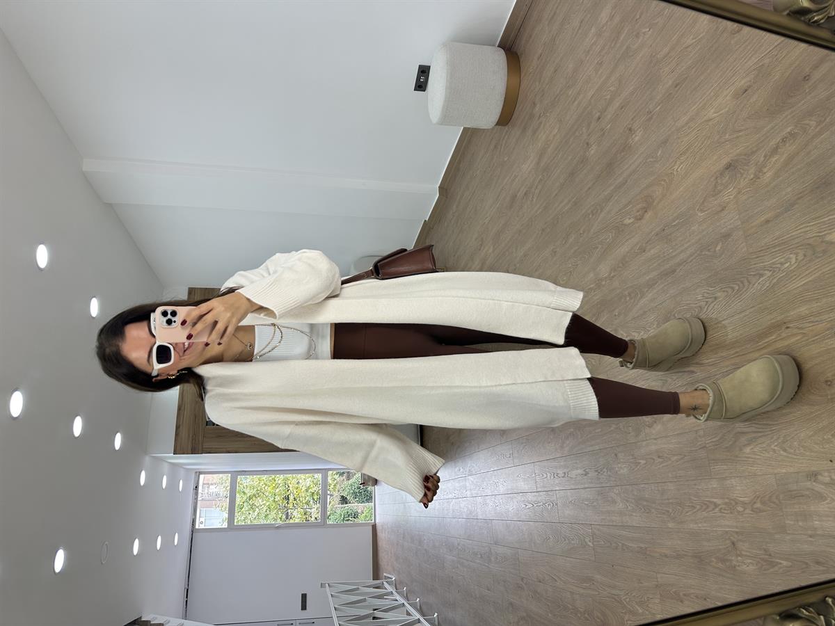 Şal Yaka Uzun Triko Hırka-Ekru