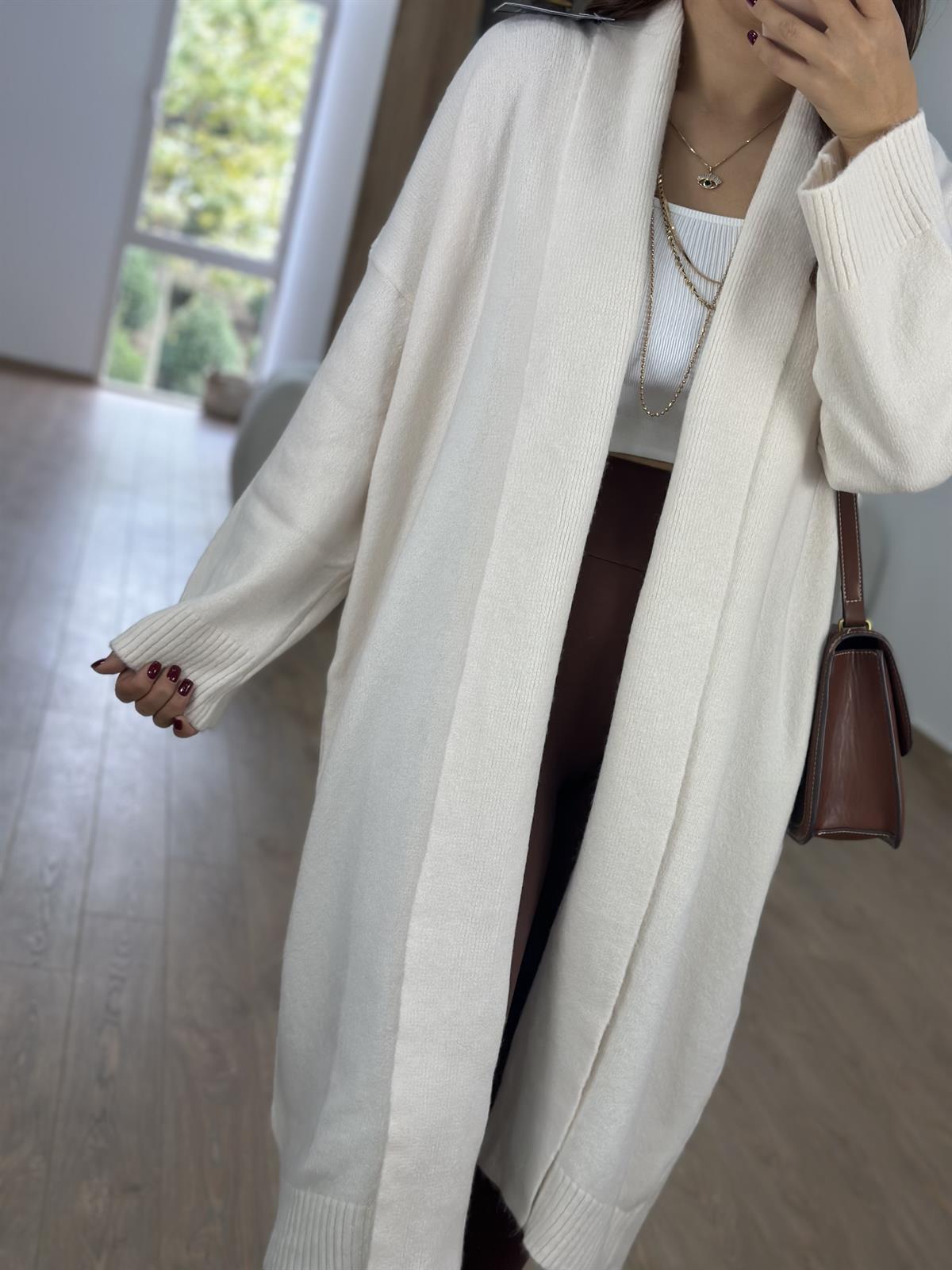 Şal Yaka Uzun Triko Hırka-Ekru