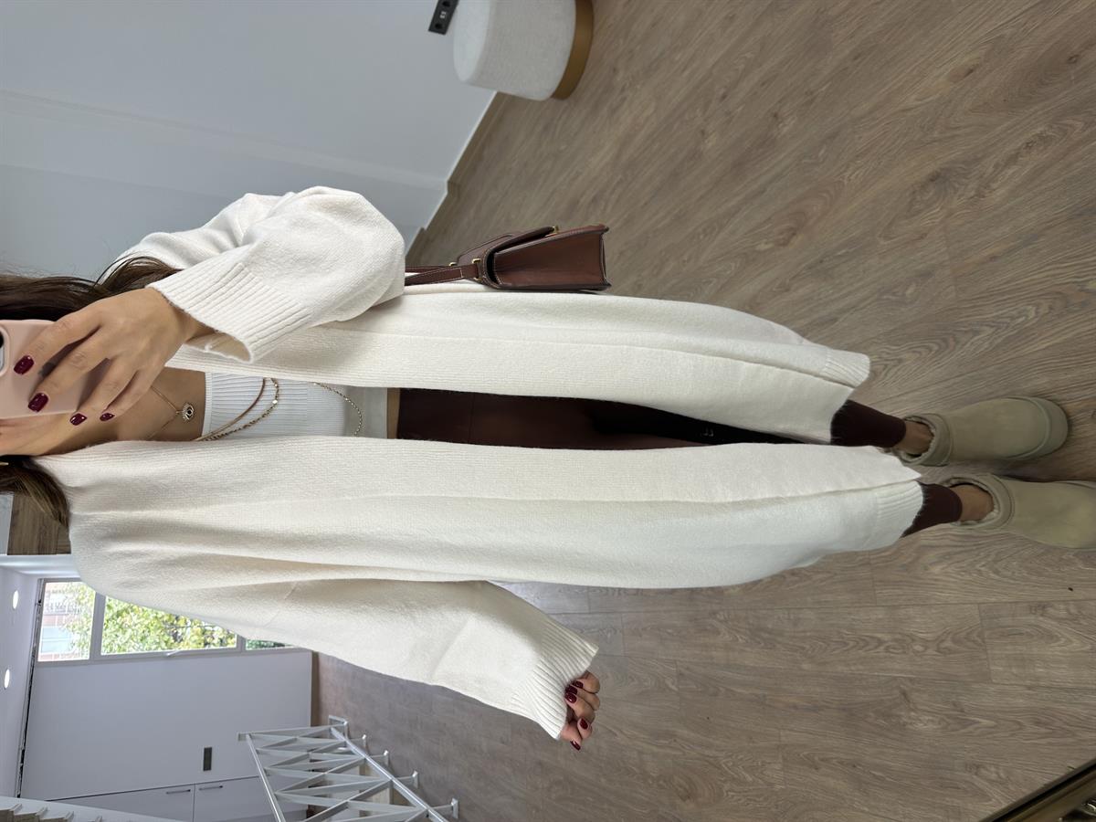 Şal Yaka Uzun Triko Hırka-Ekru