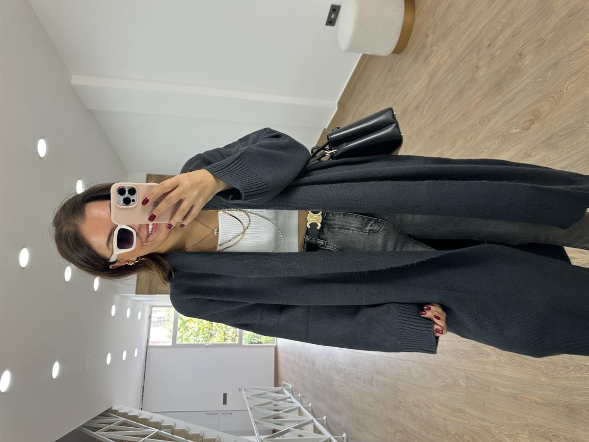 Şal Yaka Uzun Triko Hırka-Füme