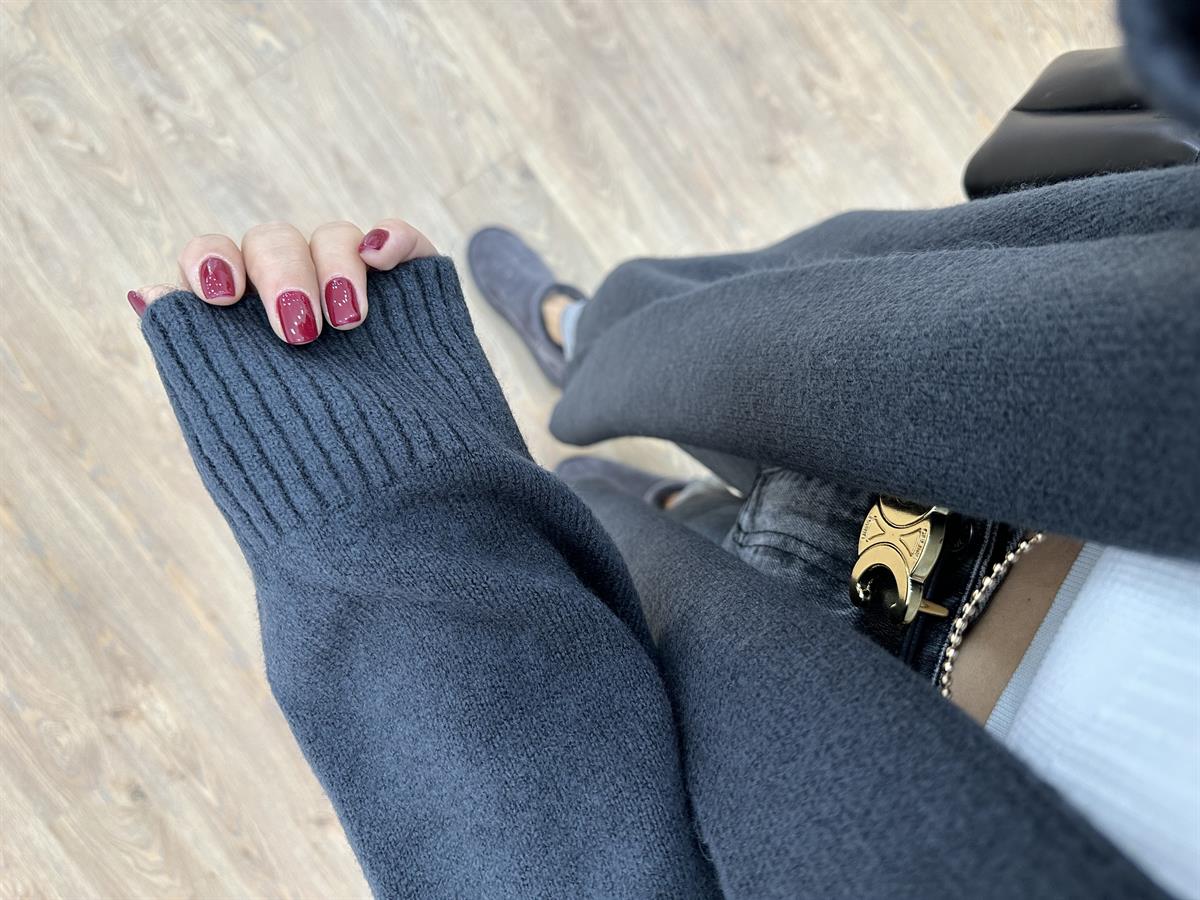 Şal Yaka Uzun Triko Hırka-Füme