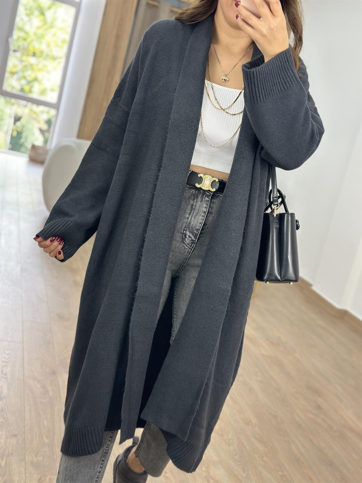 Şal Yaka Uzun Triko Hırka-Füme