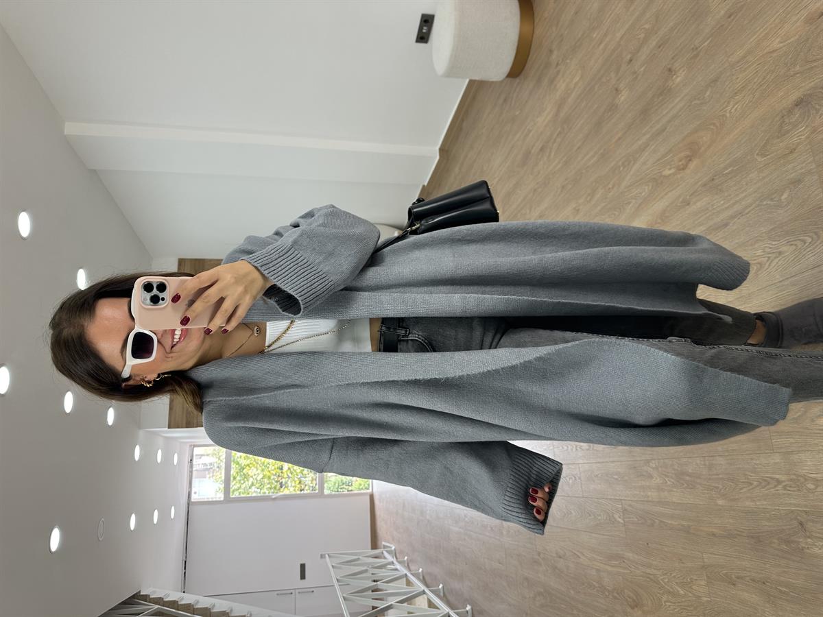 Şal Yaka Uzun Triko Hırka-Gri