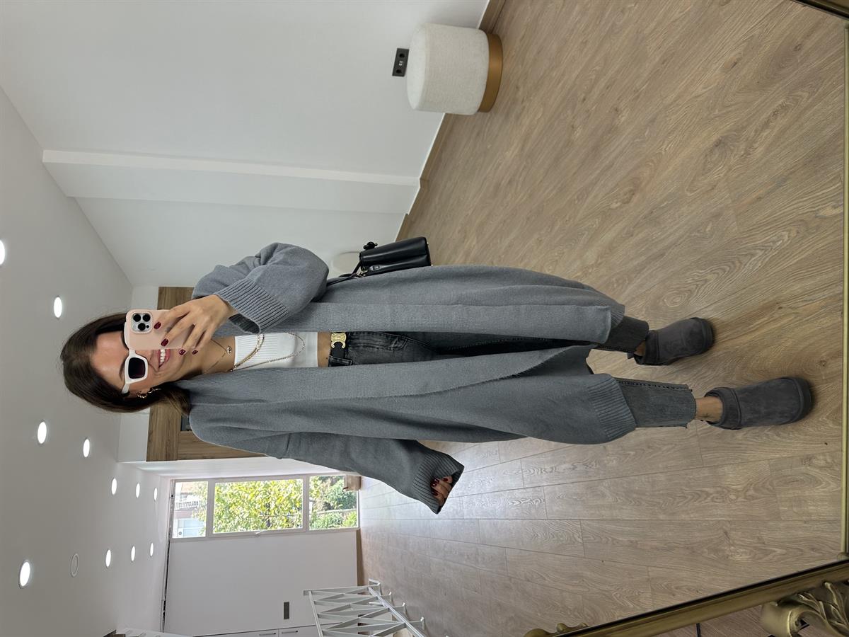 Şal Yaka Uzun Triko Hırka-Gri