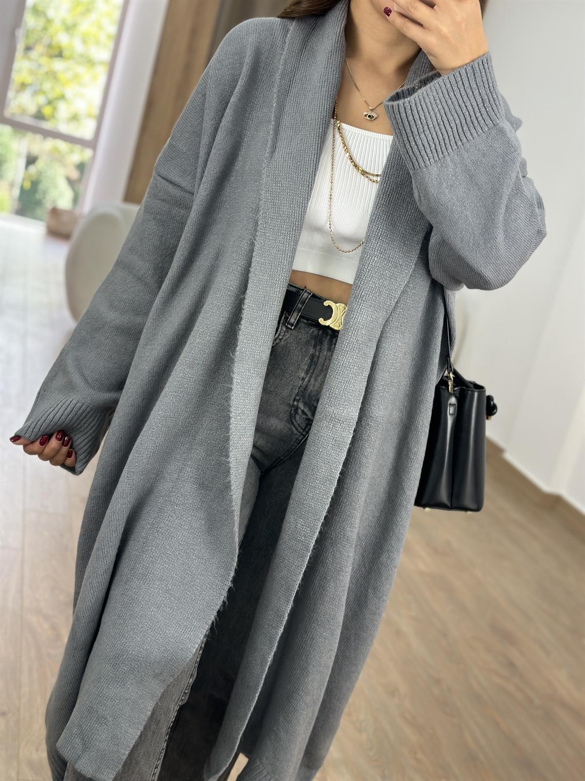 Şal Yaka Uzun Triko Hırka-Gri