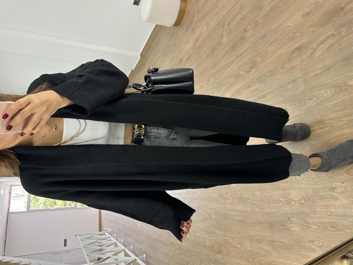 Şal Yaka Uzun Triko Hırka-Siyah