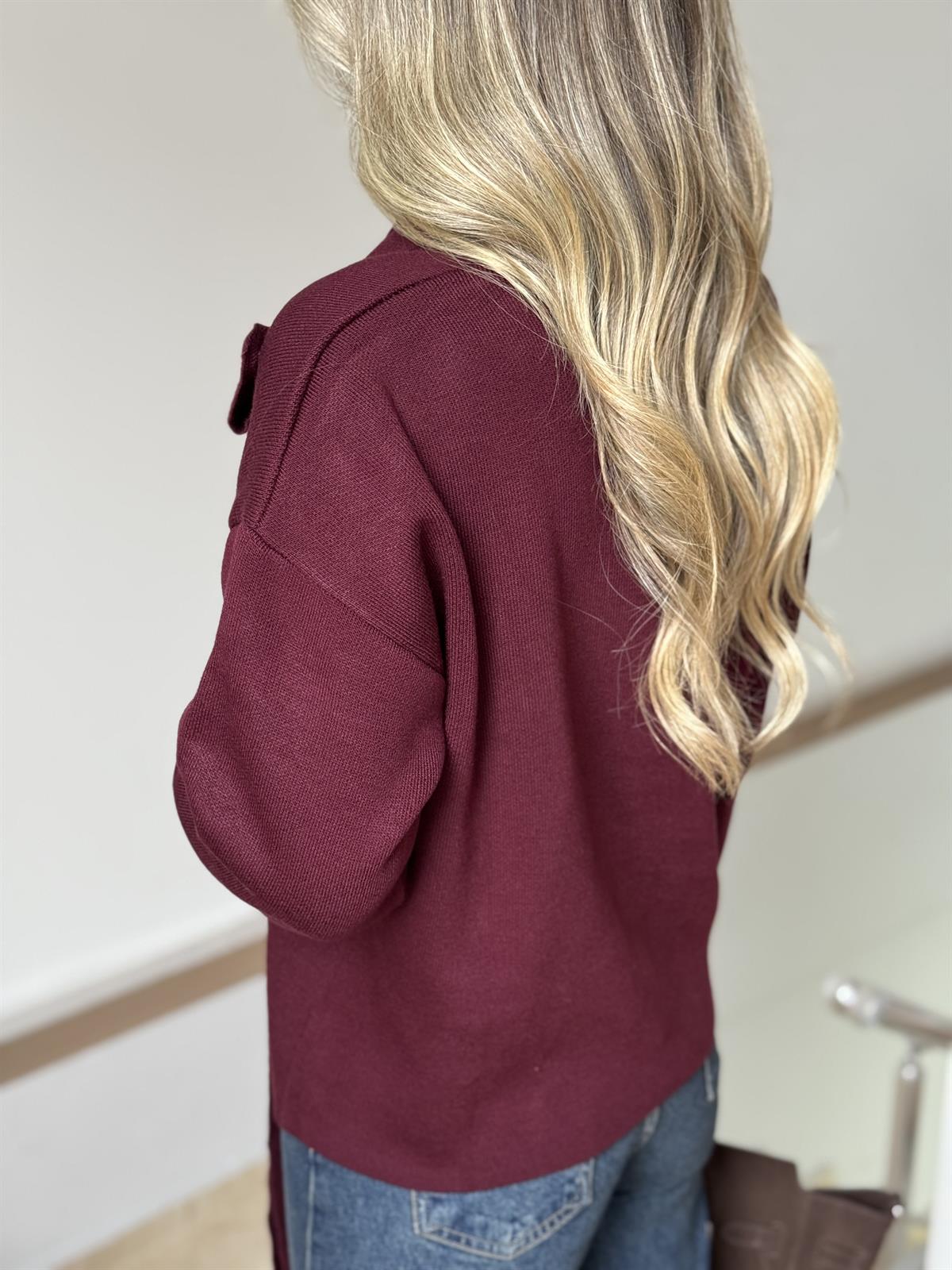 Şallı Düğmeli Kazak - Bordo