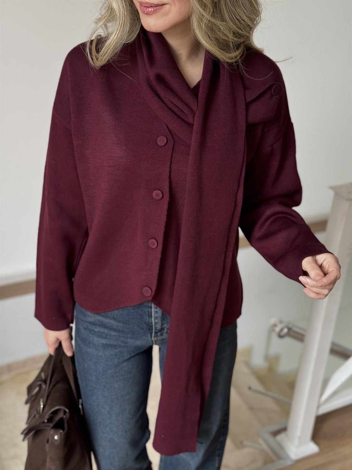 Şallı Düğmeli Kazak - Bordo