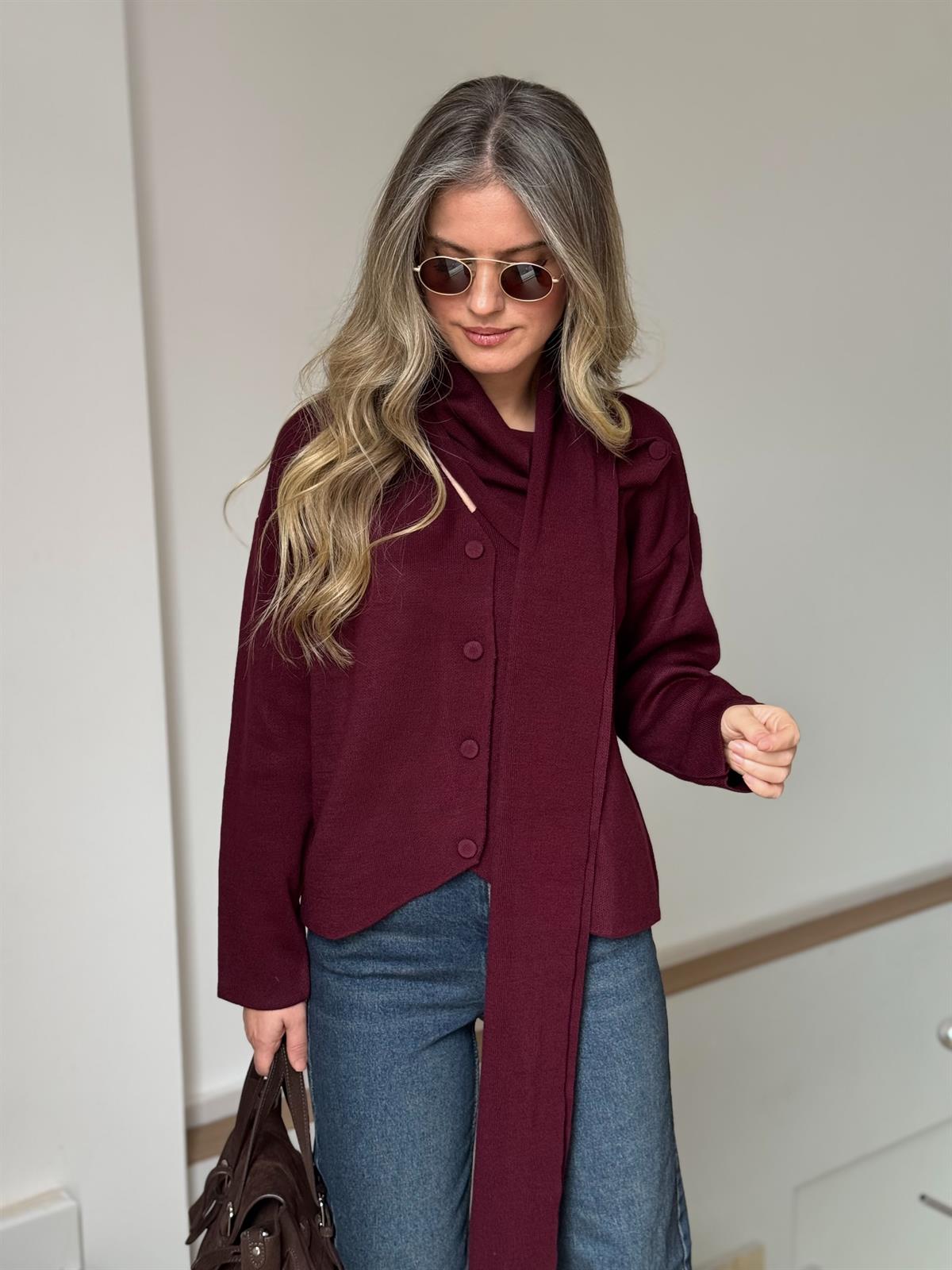 Şallı Düğmeli Kazak - Bordo