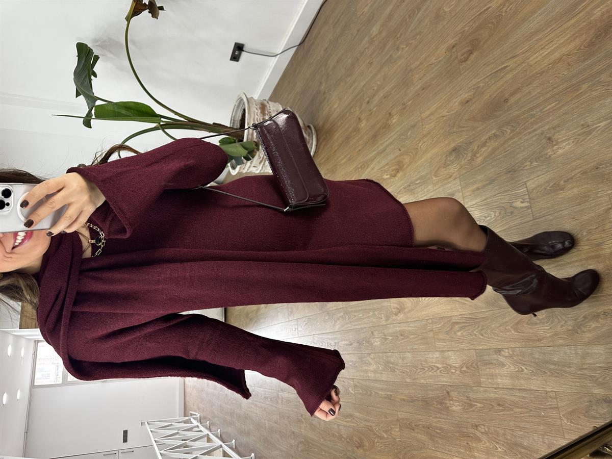 Şallı Triko Elbise - Bordo