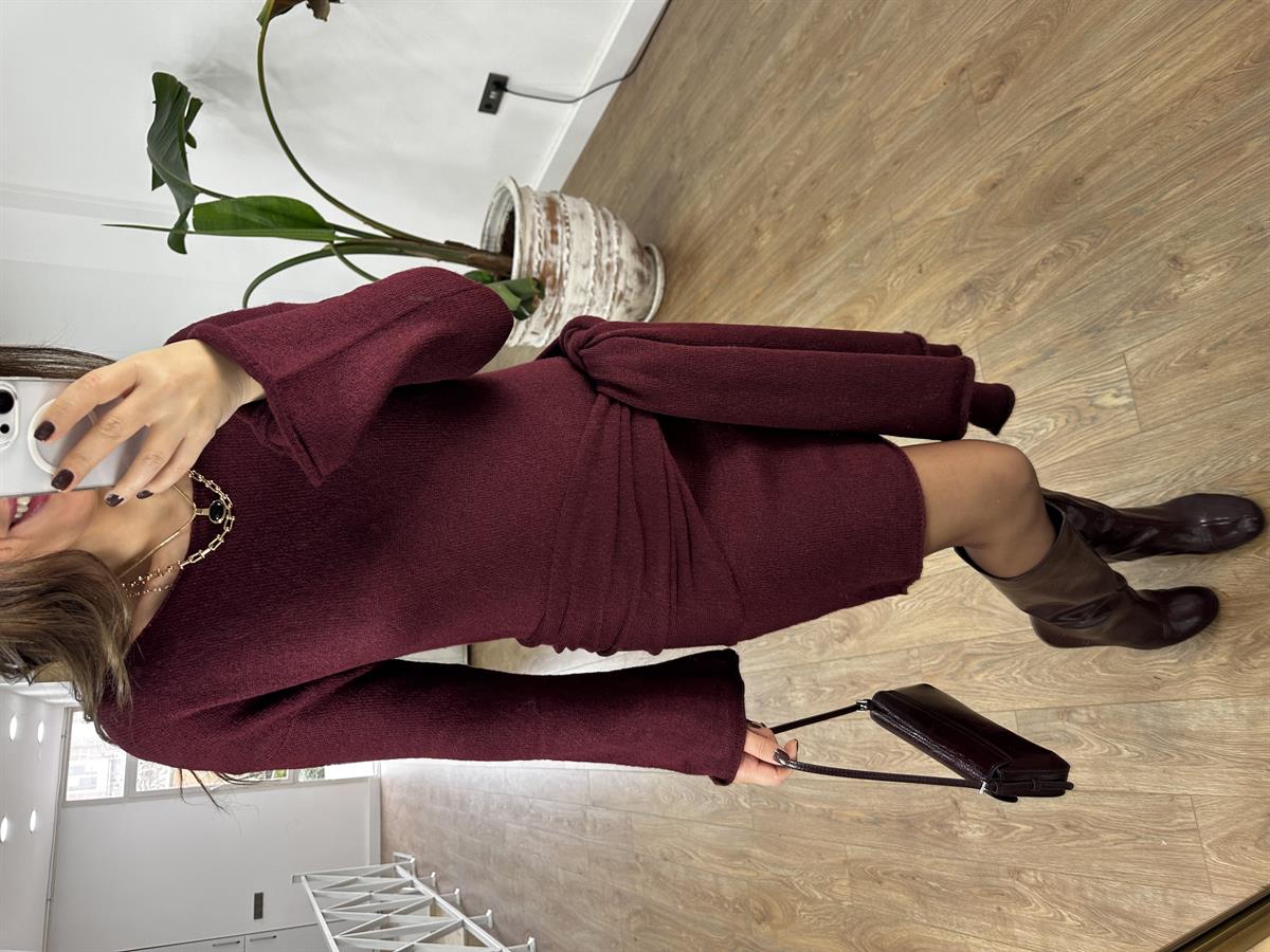 Şallı Triko Elbise - Bordo