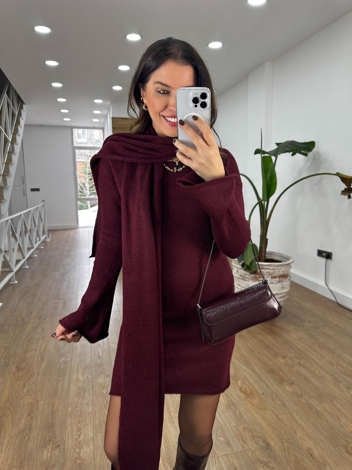 Şallı Triko Elbise - Bordo