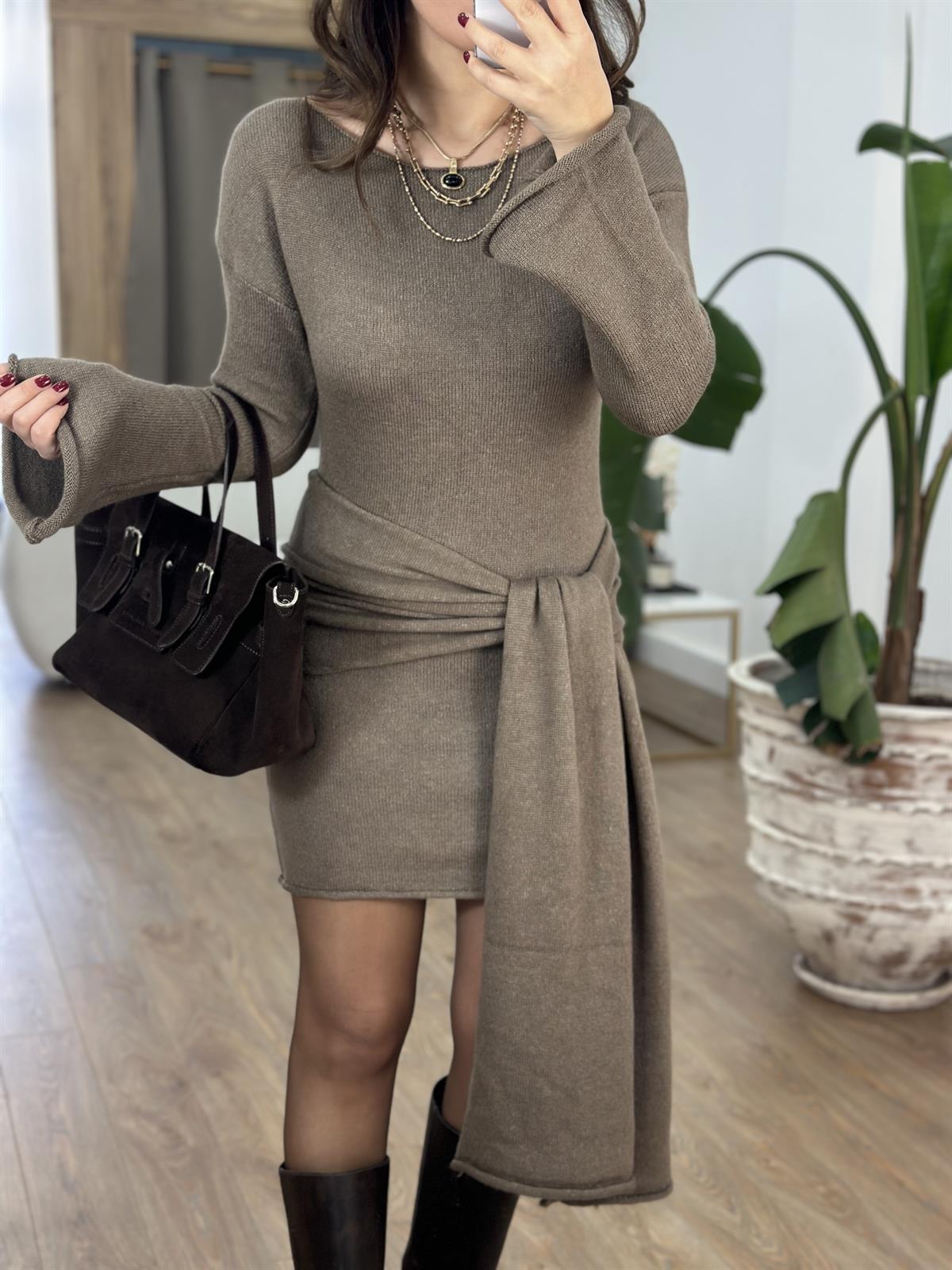 Şallı Triko Elbise - Vizon