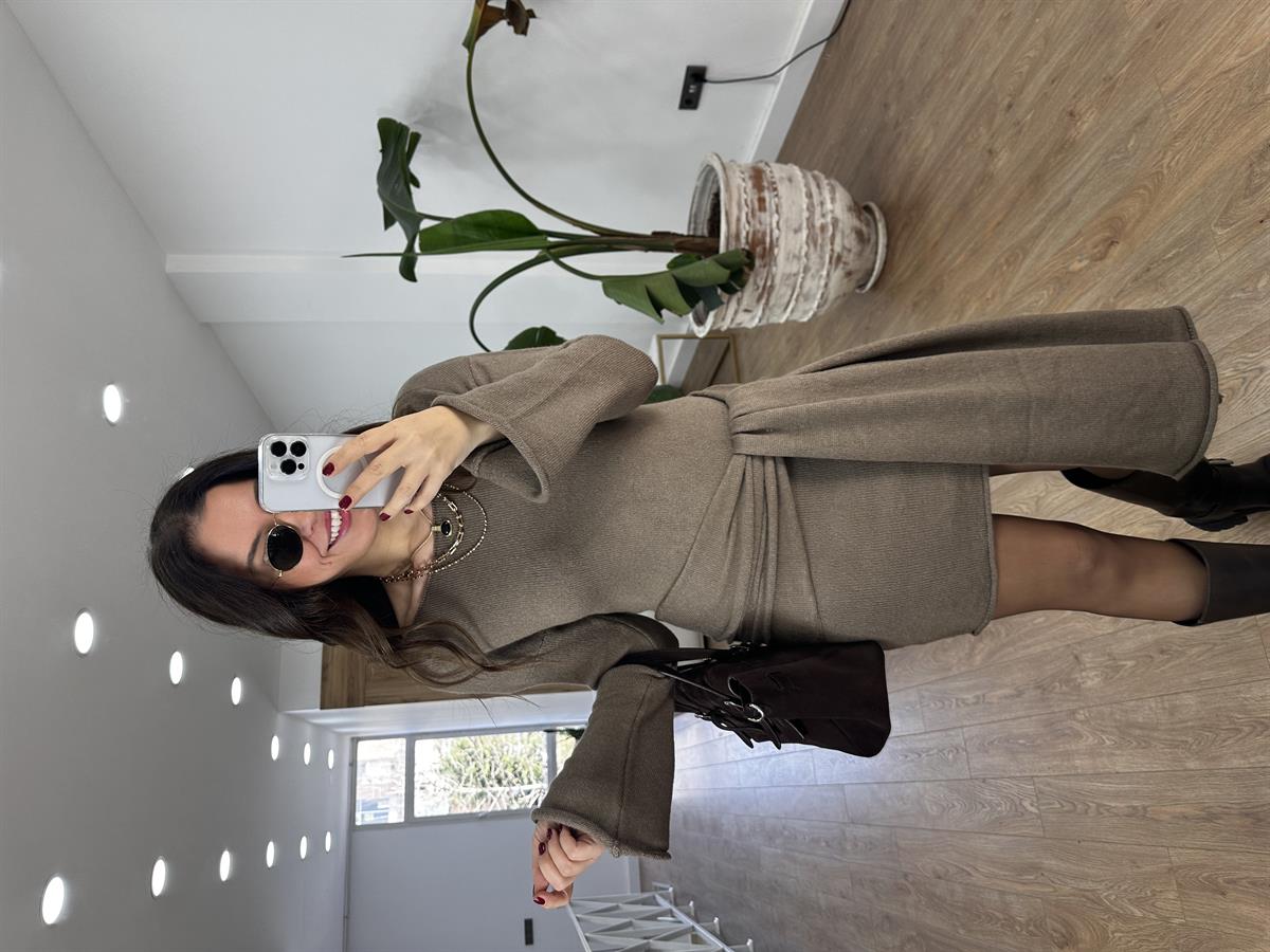 Şallı Triko Elbise - Vizon