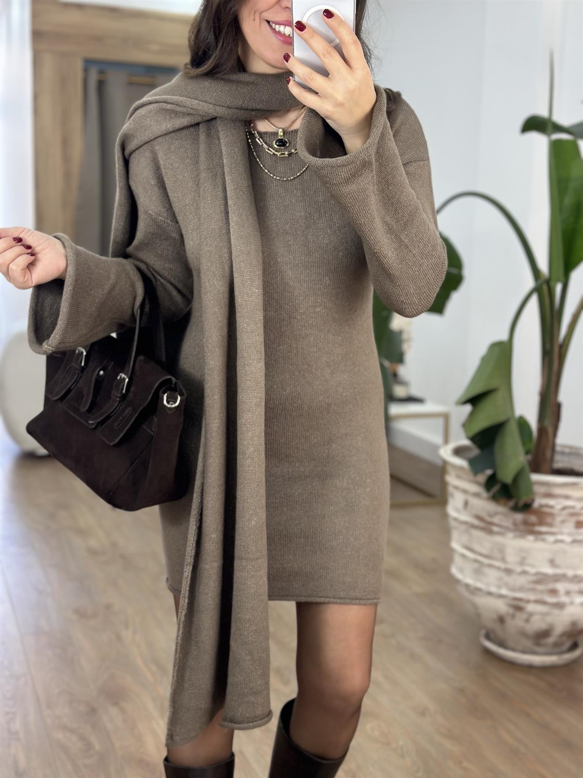 Şallı Triko Elbise - Vizon