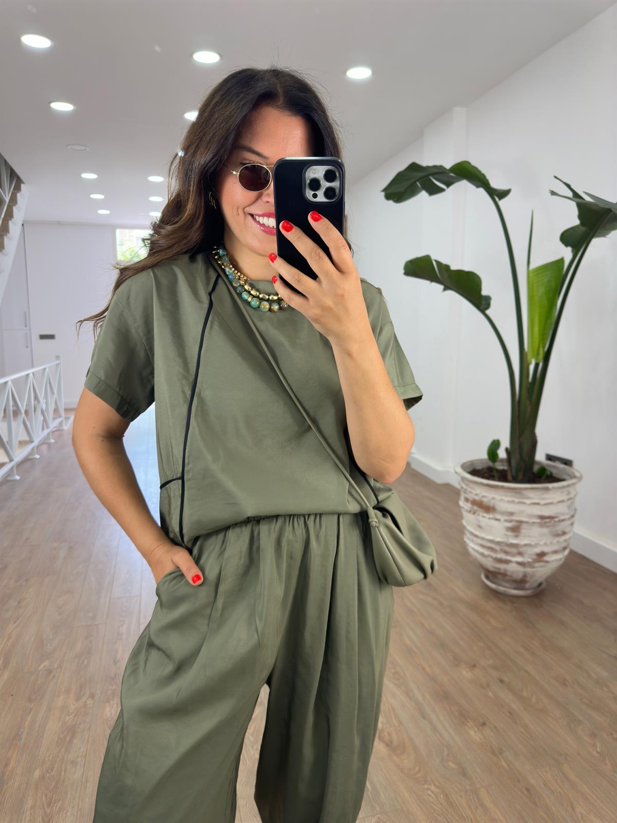 Şalvar Pantolonlu Biyeli Takım-Haki