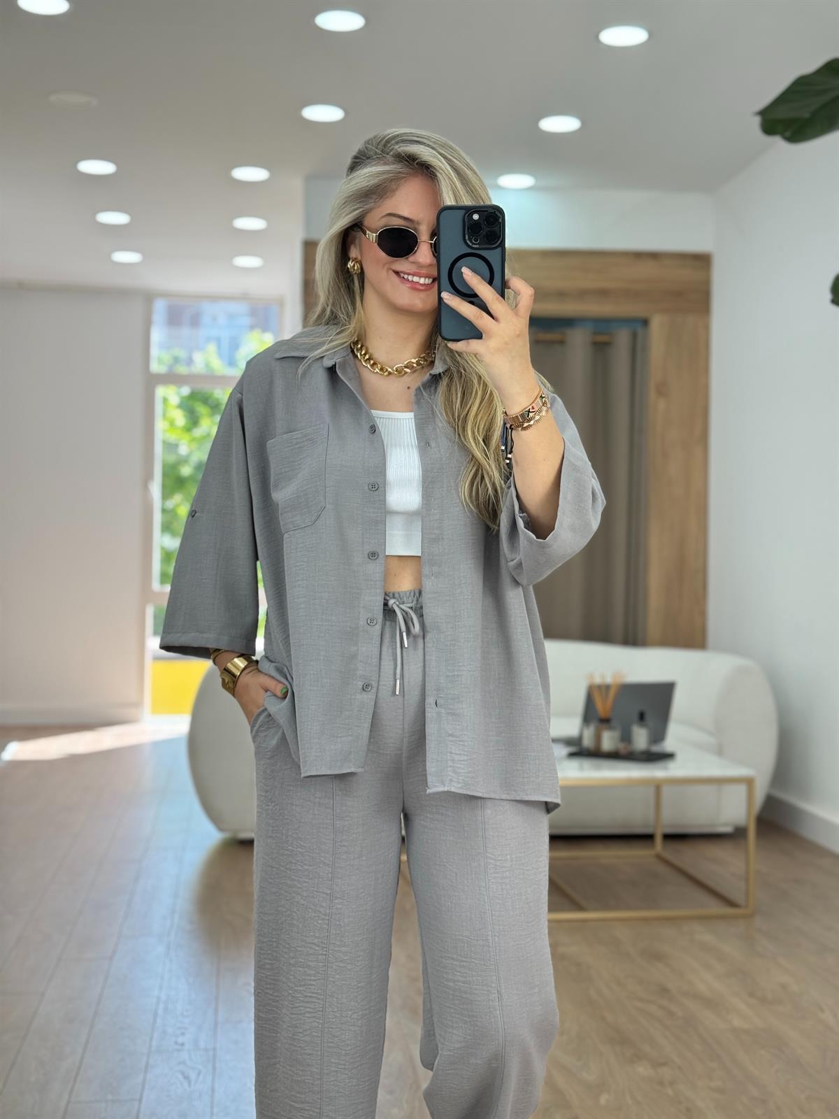 Şalvar Pantolonlu Keten Takım-Gri