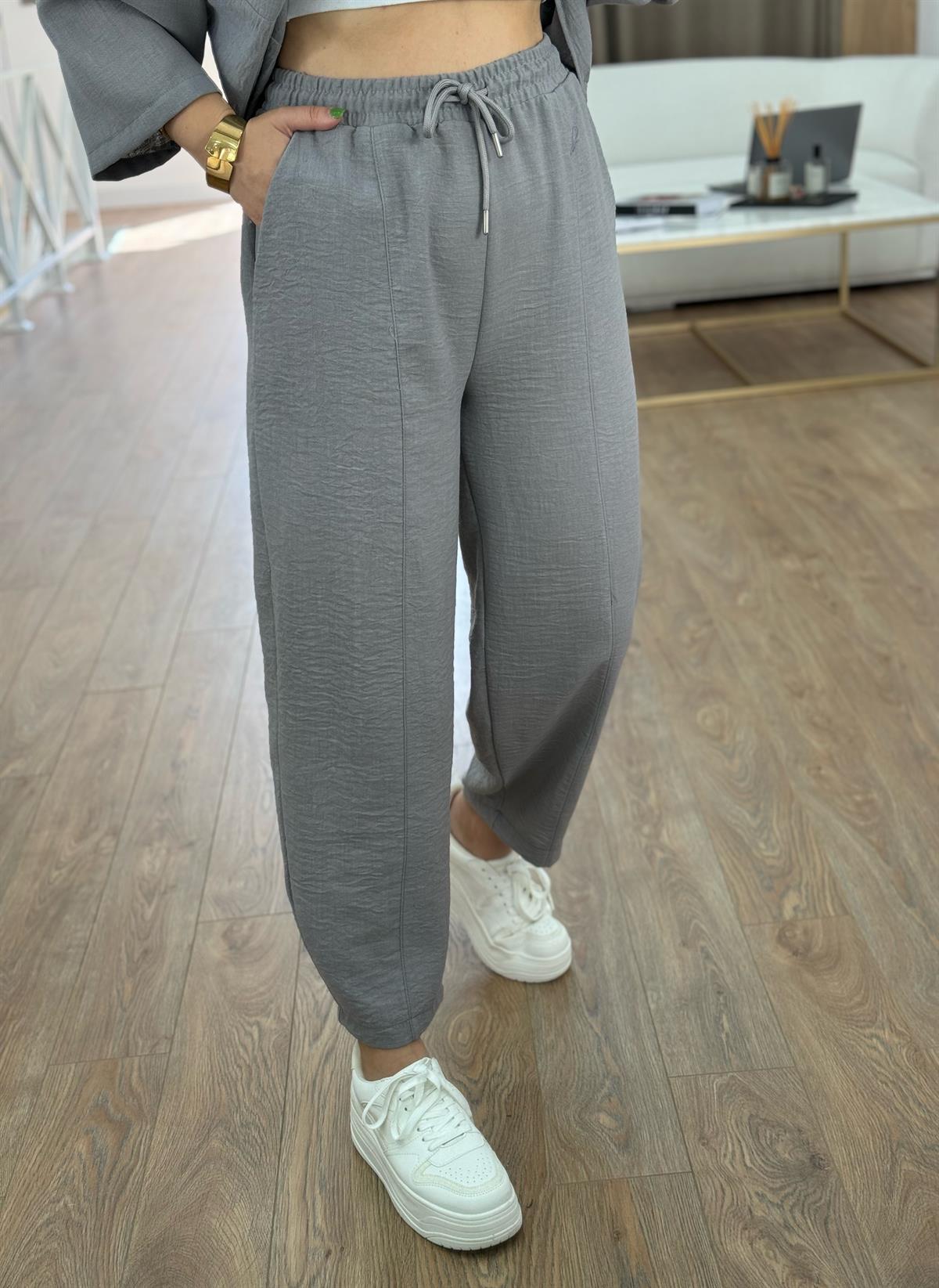 Şalvar Pantolonlu Keten Takım-Gri