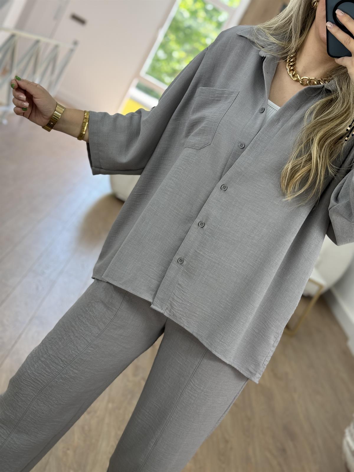 Şalvar Pantolonlu Keten Takım-Gri