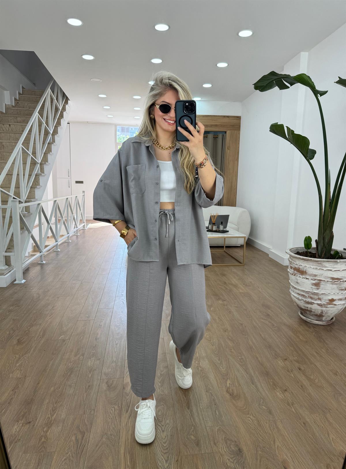 Şalvar Pantolonlu Keten Takım-Gri