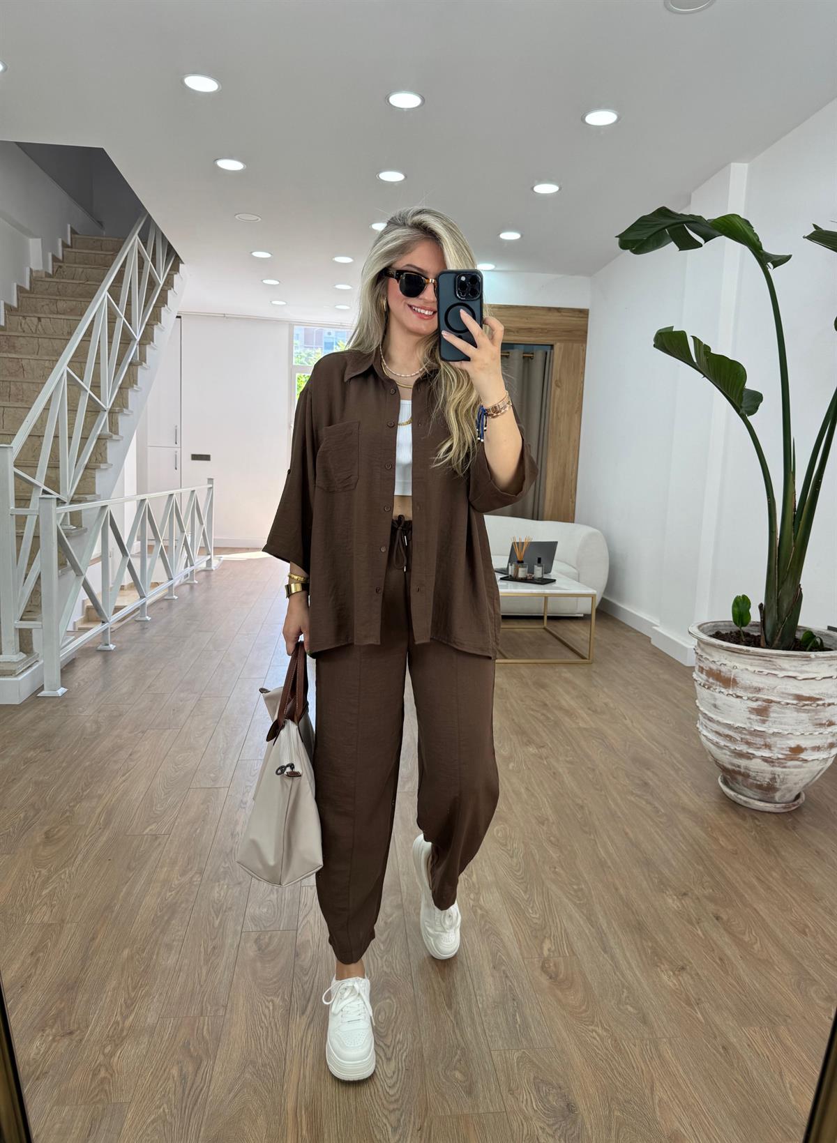 Şalvar Pantolonlu Keten Takım-Kahverengi