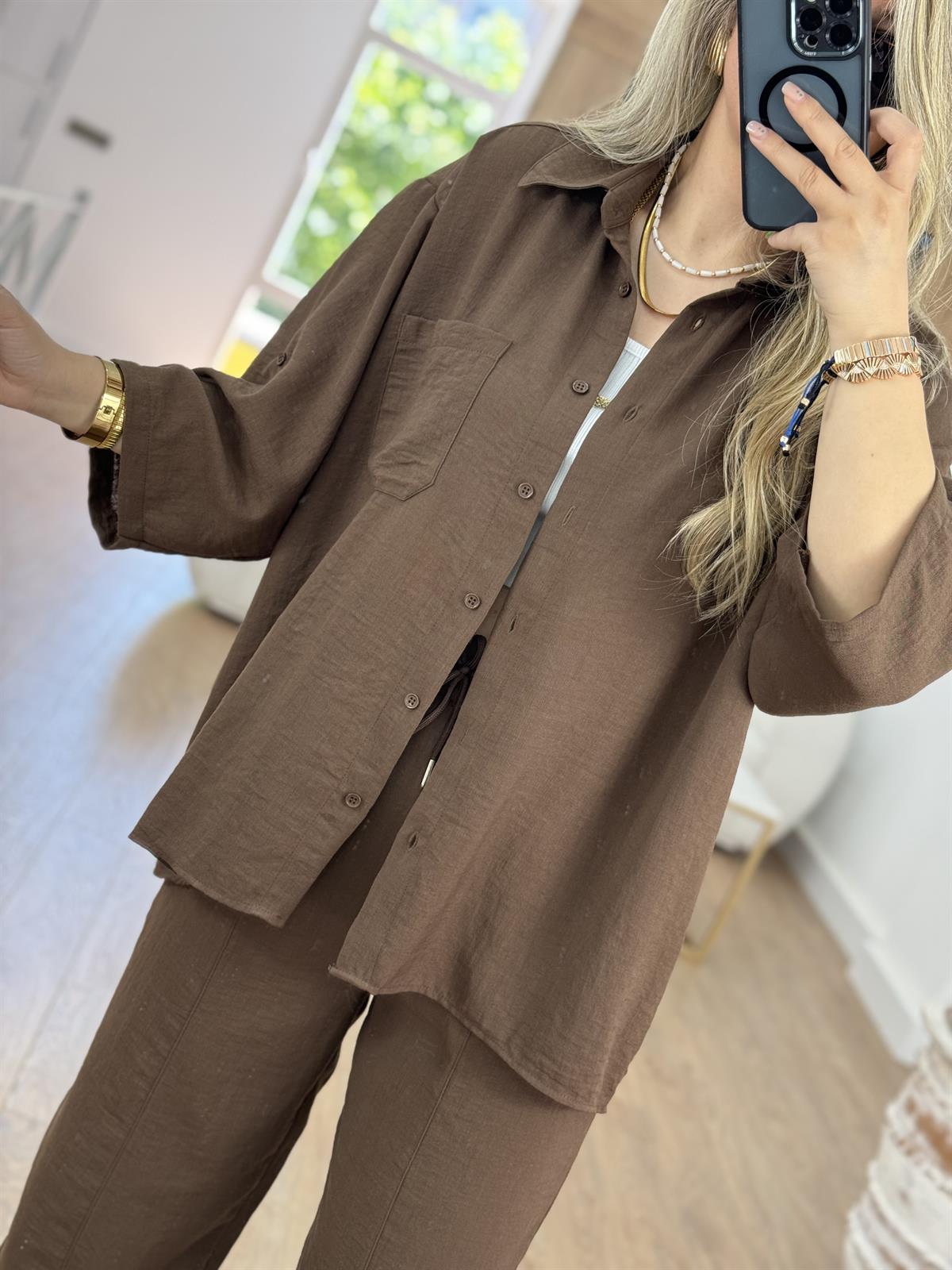 Şalvar Pantolonlu Keten Takım-Kahverengi