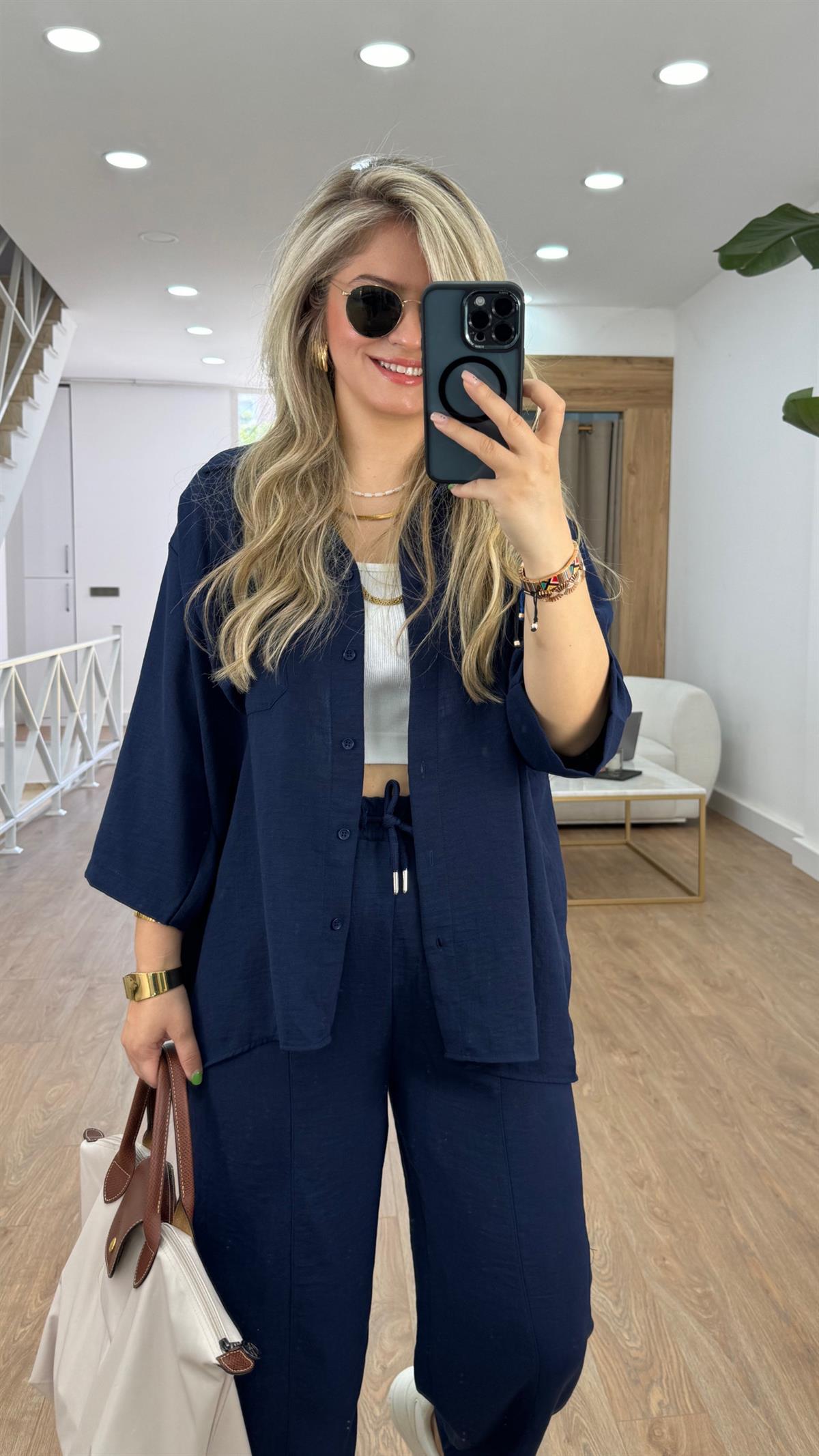 Lacivert Renk Şalvar Pantolonlu Keten Takım