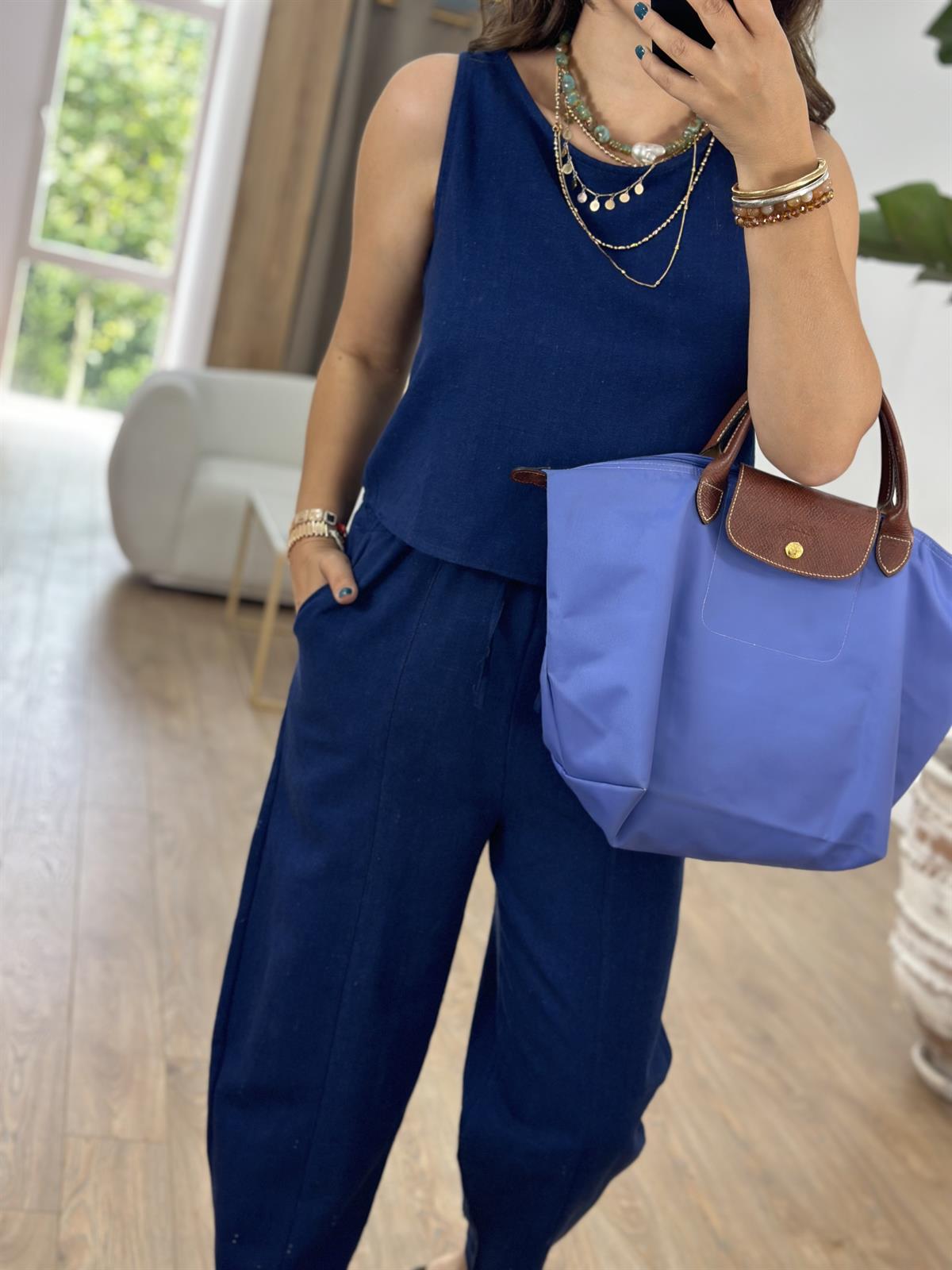 Şalvar Pantolonlu Keten Lacivert Takım