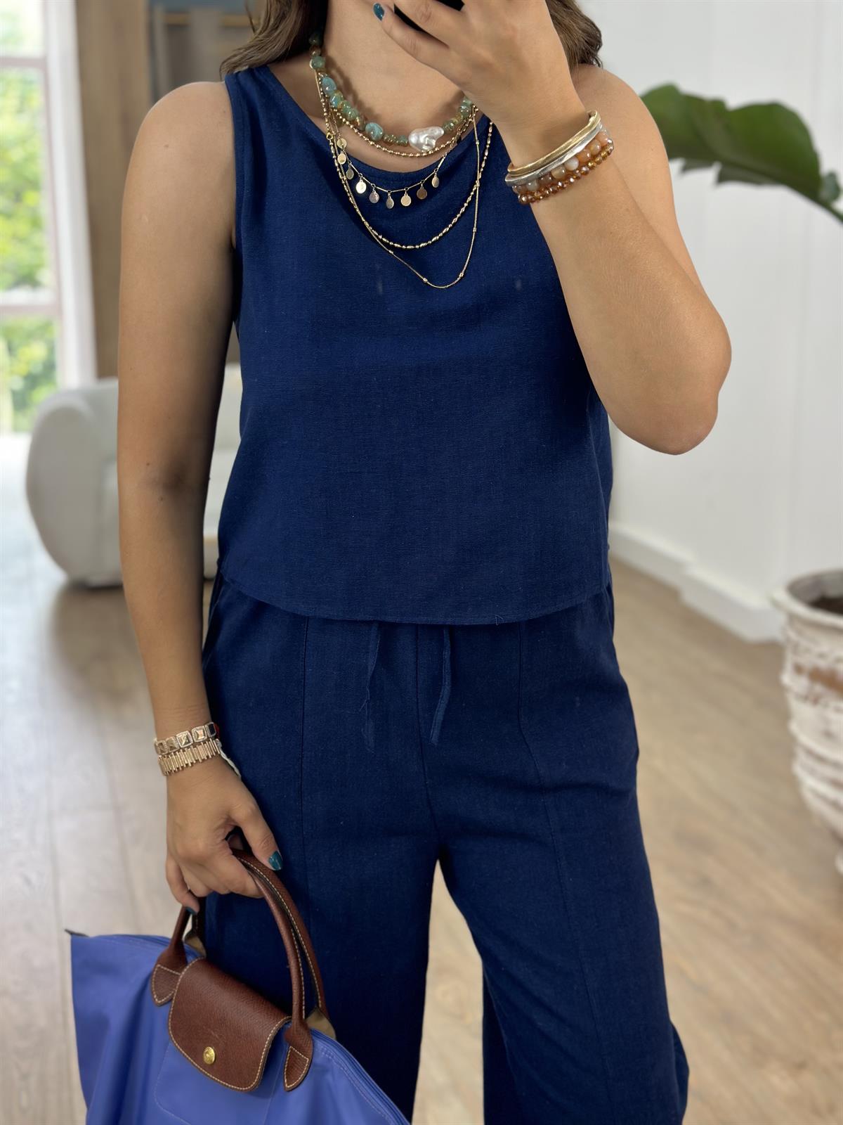 Şalvar Pantolonlu Keten Lacivert Takım