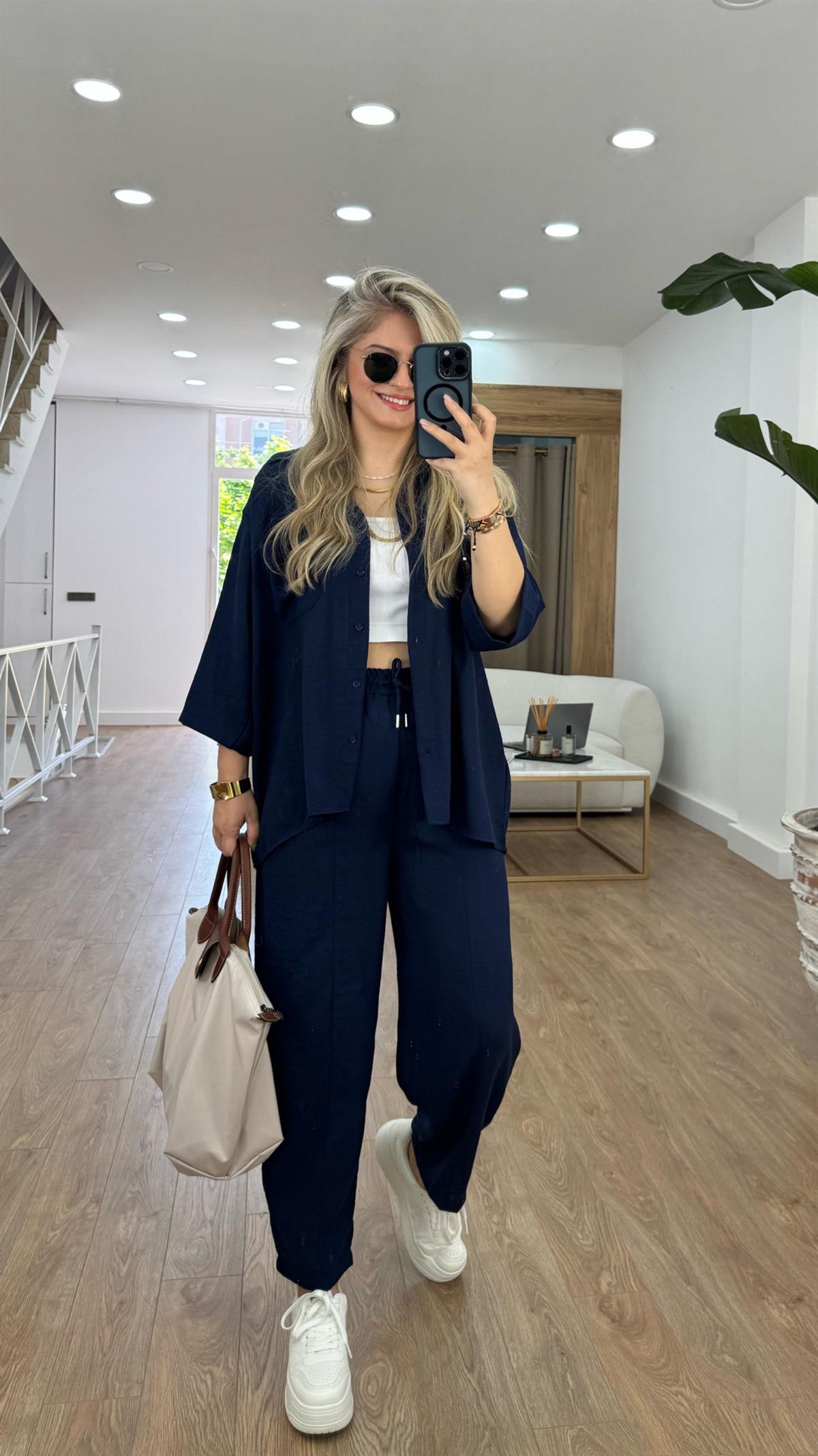 Lacivert Renk Şalvar Pantolonlu Keten Takım