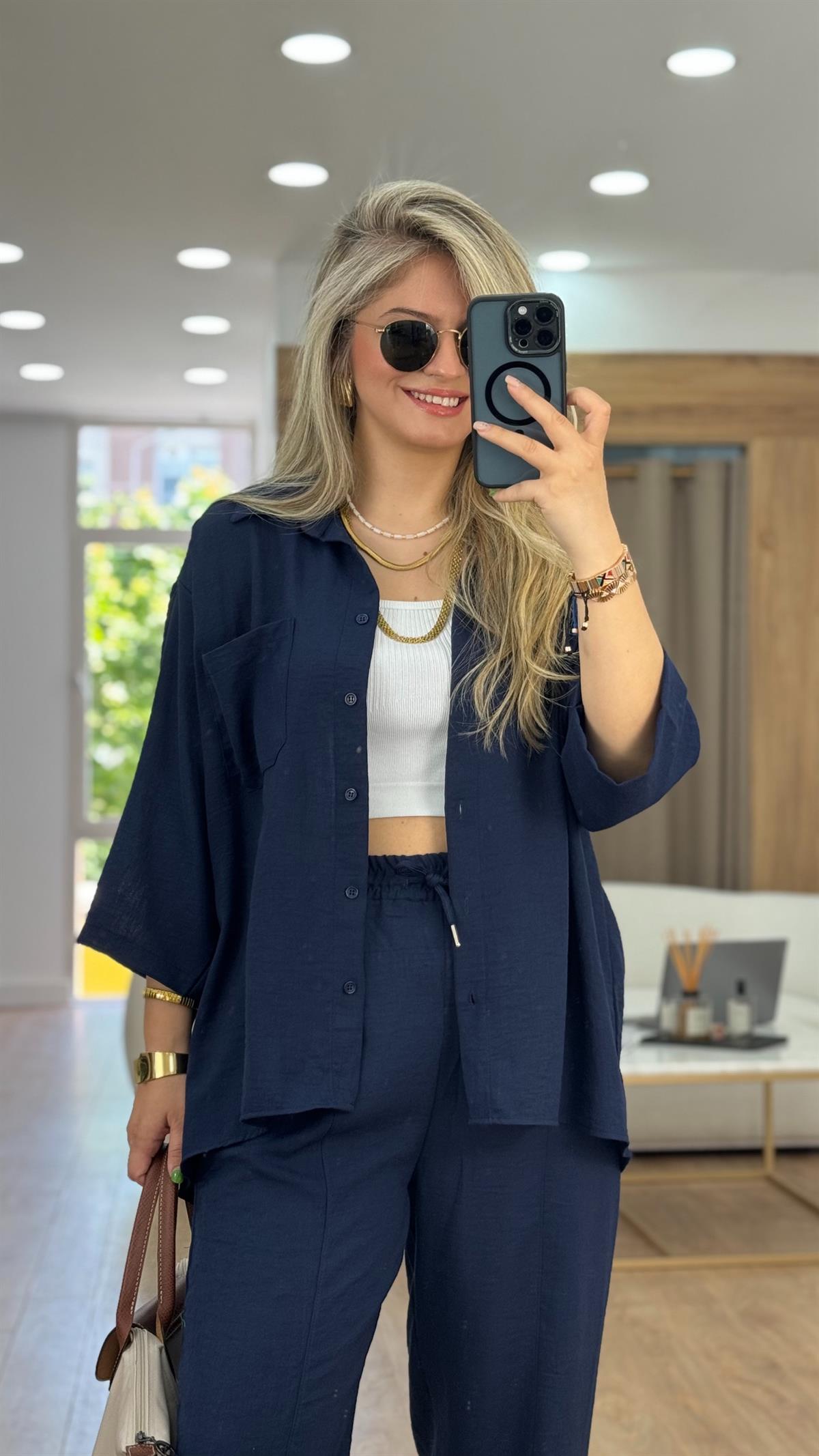 Lacivert Renk Şalvar Pantolonlu Keten Takım