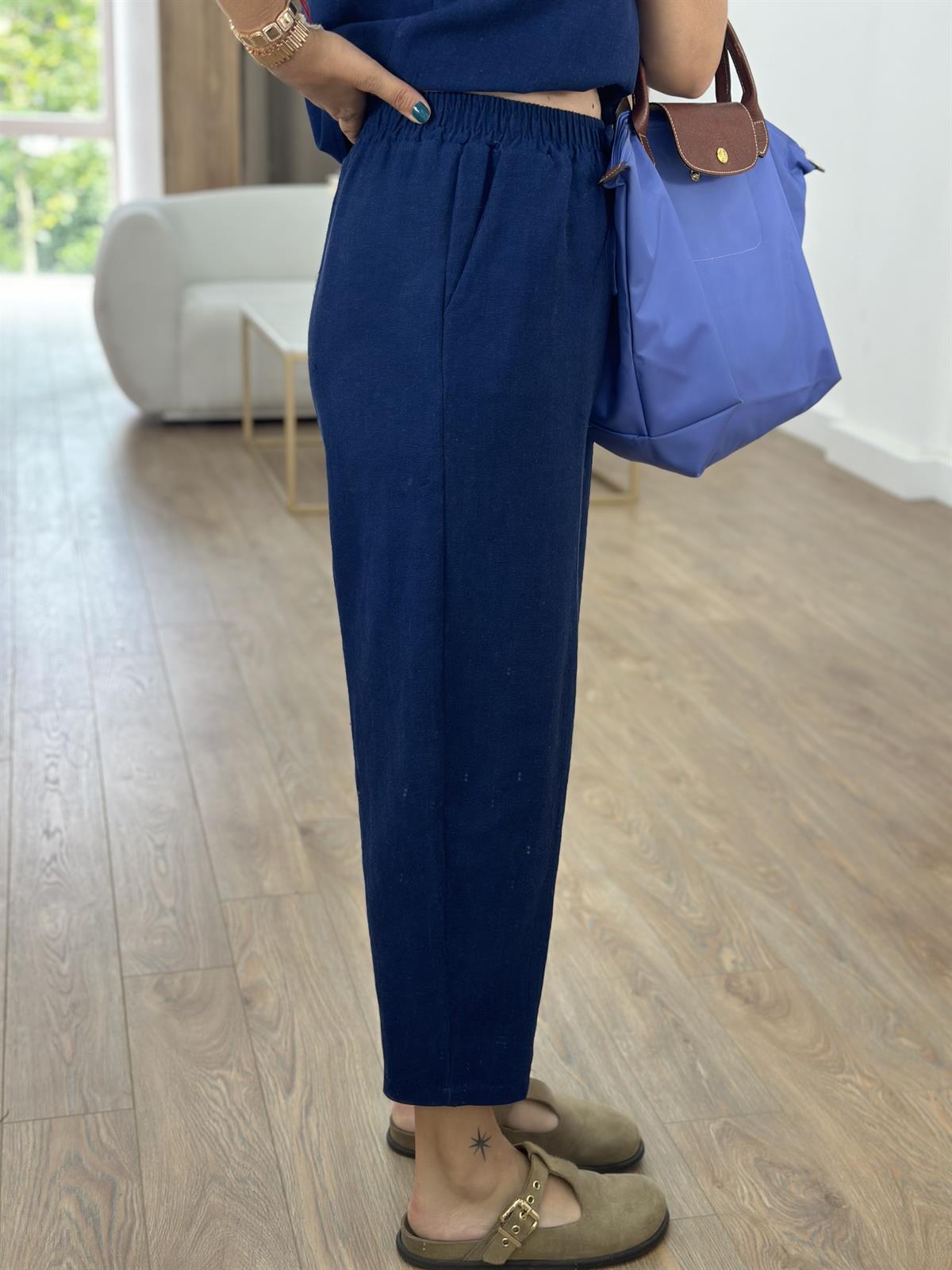 Şalvar Pantolonlu Keten Lacivert Takım