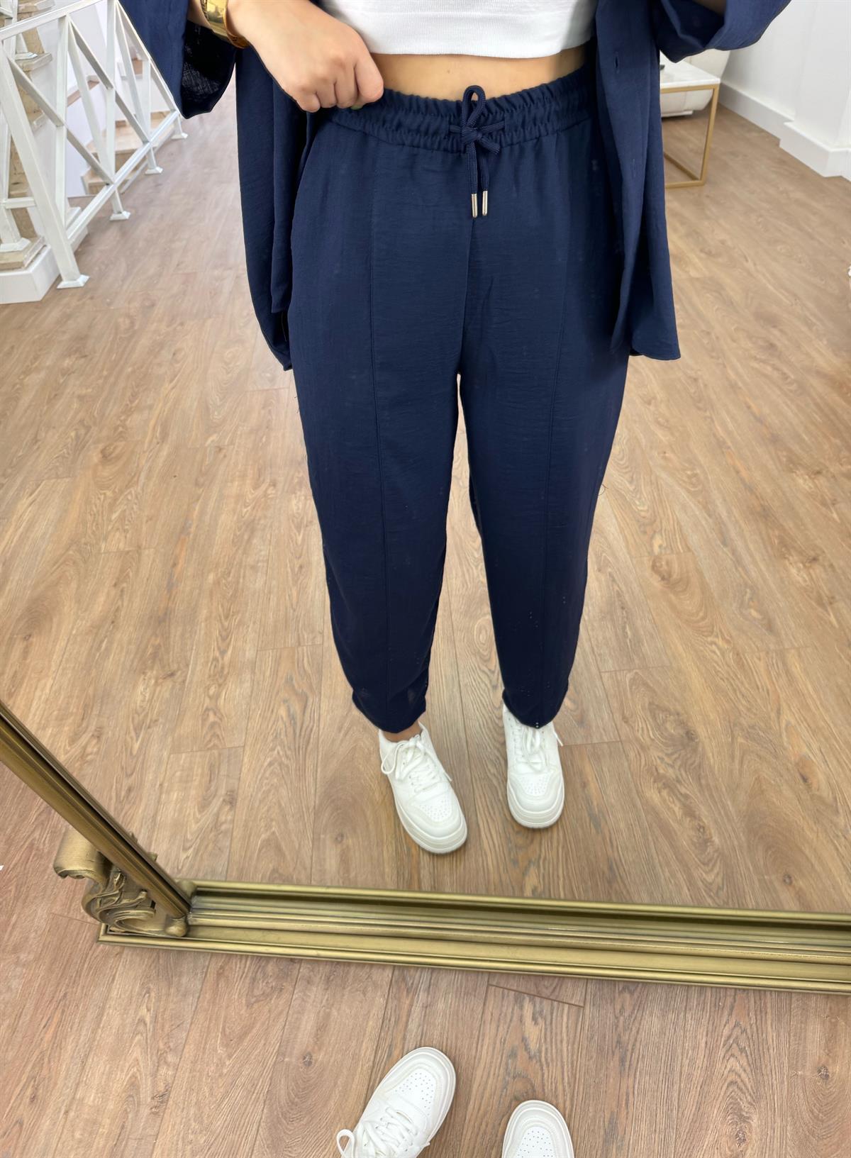 Lacivert Renk Şalvar Pantolonlu Keten Takım