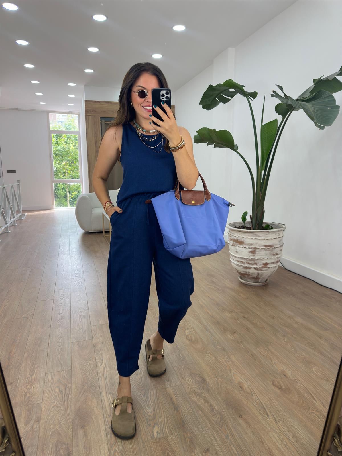 Şalvar Pantolonlu Keten Lacivert Takım