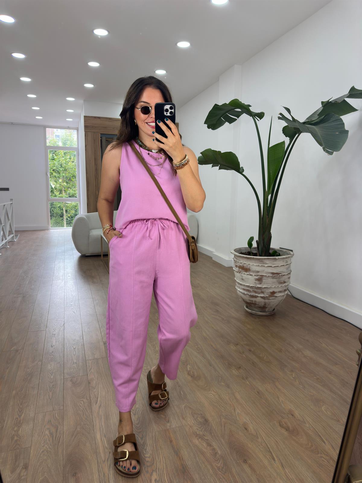 Şalvar Pantolonlu Keten Takım-Pembe